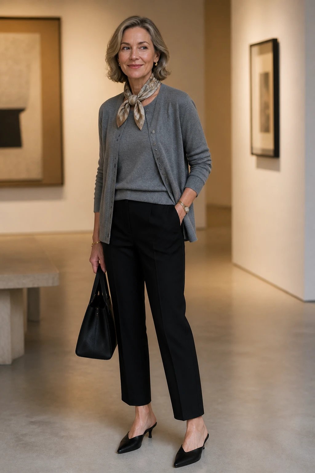 A stylish woman stands in a softly lit, modern gallery space with neutral-toned walls and minimalist decor. She wears a coordinated grey knit twinset&mdash;a cozy cardigan over a matching crewneck sweater&mdash;paired with crisp black straight-leg trousers and sleek pointed-toe mules. A silk scarf in muted beige and taupe tones is artfully tied around her neck, adding a refined touch without overpowering the look. The ensemble exudes effortless luxe and polish, with subtle jewelry and natural makeup. The setting suggests a chic gallery stroll or a refined office lunch, and the overall mood communicates understated confidence and timeless, preppy elegance. The image should be high-resolution, with shallow depth of field focusing on the subject, soft ambient lighting, and no visible text.
