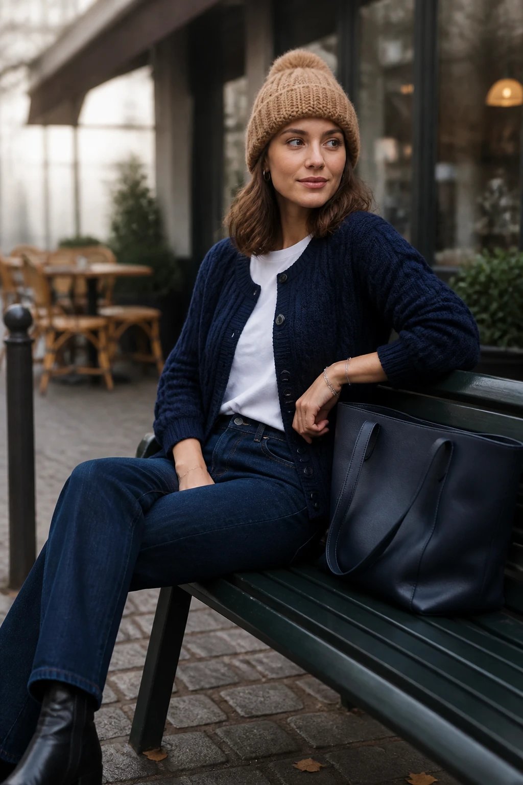 A high-resolution editorial street-style photo of a stylish, confident woman in a cozy navy cable-knit cardigan layered over a crisp white crew-neck tee, paired with dark wash straight-leg jeans and black leather ankle boots. She sits casually on a modern city bench near a quaint coffee shop, with a chunky camel knit beanie perched snugly on her head, a soft foggy morning glow casting gentle light. The cardigan is slightly open to reveal the tee peeking at the neckline, emphasizing texture and shape. The look exudes preppy chic: crisp layering, rich textures, and practical warmth. Subtle accessories include a delicate silver bracelet and a minimalist leather tote in deep navy. The scene conveys weekend coffee runs or a chilly airport vibe, with a shallow depth of field to softly blur the background and keep the focus on the outfit and subject. No text on the image.