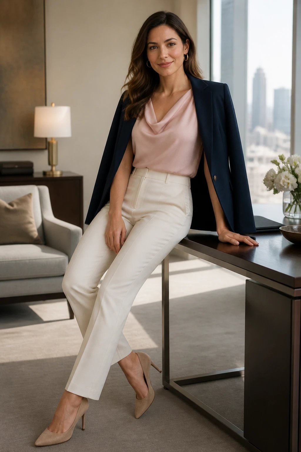 A high-resolution, editorial-style photograph of a polished, well-dressed woman in a bright, softly lit modern office lounge. She wears a pastel pink shell top with a delicate neckline, a tailored navy blazer skimmed over the shoulders for clean lines, and cream straight-leg trousers. Beige suede pumps complete the look, with gold hoop earrings as the only subtle jewelry. The blazer should drape smoothly without stiff lines, and the shell neckline should be the focal point. The scene conveys effortless sophistication and soft power, with neutral, warm-toned surroundings, a sleek desk, and a blurred cityscape visible through a window in the background. The subject should exude confidence and approachability, positioned in a relaxed, semi-formal pose suitable for client meetings or smart-casual dinner events. No text or branding visible in the image.