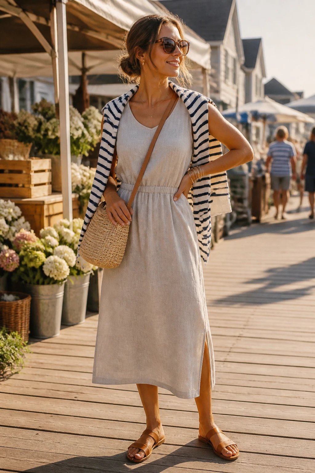 A sunlit, candid-style fashion photograph of a stylish woman in a breezy summer setting: she wears a natural linen midi dress in a soft stone or oatmeal tone, layered with a lightweight Breton stripe cardigan draped over her shoulders. The cardigan features classic navy and white stripes. She pairs with tan leather sandals and a woven crossbody bag, subtle stacked bracelets on her wrist. The scene is at a beach town boardwalk or farmers market with warm, golden-hour light casting gentle shadows. The model stands casually with one hand resting on her hip, the other lightly holding the bag strap, exuding effortless preppy chic. The styling emphasizes minimal jewelry to keep the stripes as the focal point, and the overall mood is relaxed yet polished, suitable for a casual work-from-home day or a summer errands outing. No text or logos visible in the image.