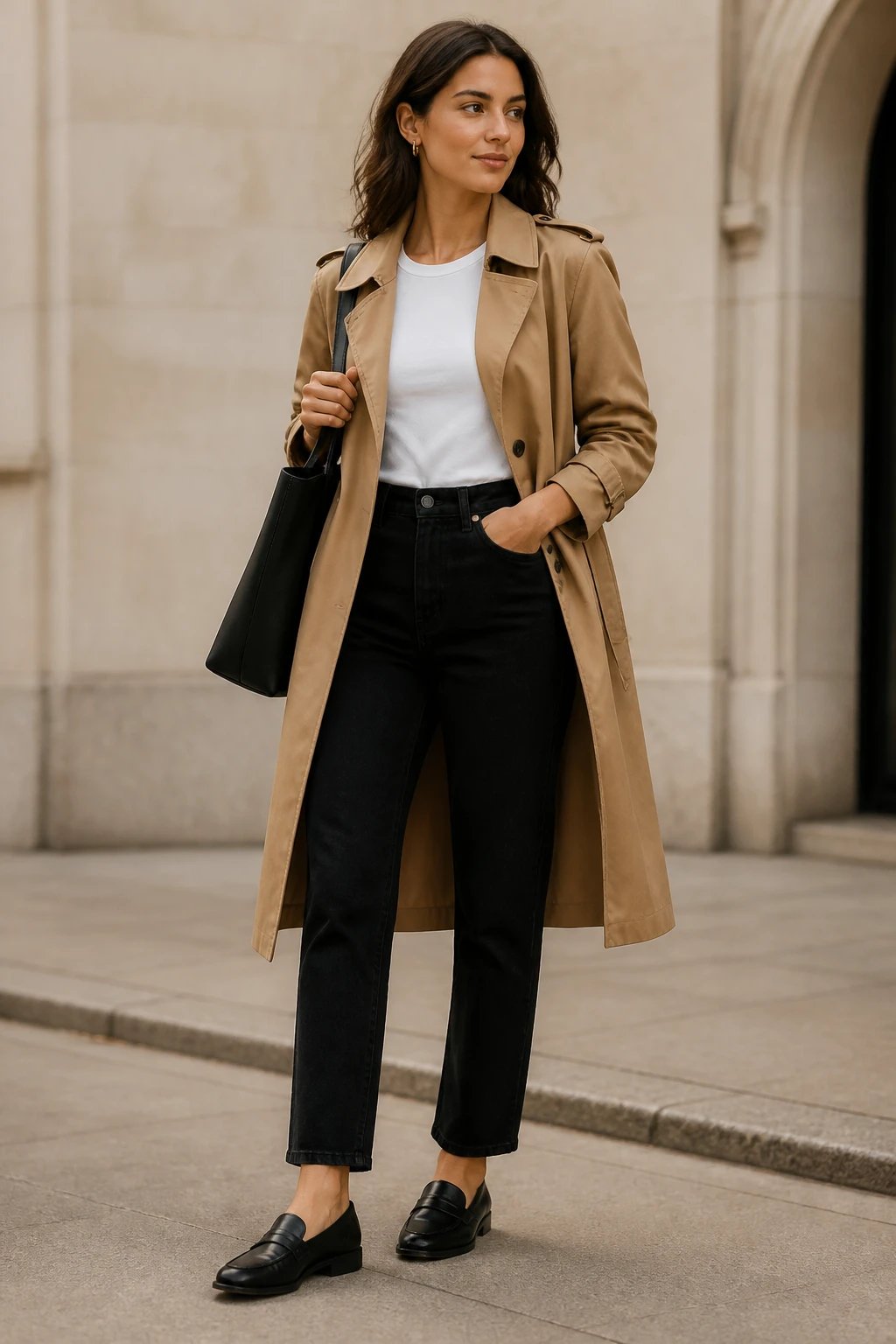 A stylish female model stands against a neutral urban backdrop, wearing a tailored tan trench coat that falls just below the knee, a crisp white fitted tee tucked into high-waisted black straight-leg jeans, and sleek black loafers. She carries a minimalist black tote over one shoulder. The trench is slightly open, showcasing the clean silhouette created by the tucked-in tee, with subtle, confident posture and a soft, composed expression. Natural, diffused daylight highlights the warm tones of the trench and the contrast of black jeans and loafers. The setting conveys travel-ready sophistication with an uncluttered background and shallow depth of field to keep the focus on the outfit. No text on the image.