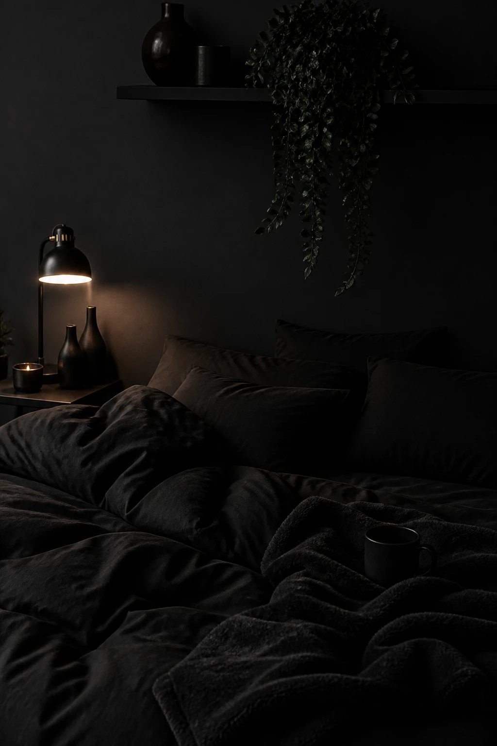 High-quality photo representing: 2. All-Black Monochrome Cozy Nest For Lazy Weekend Vibes