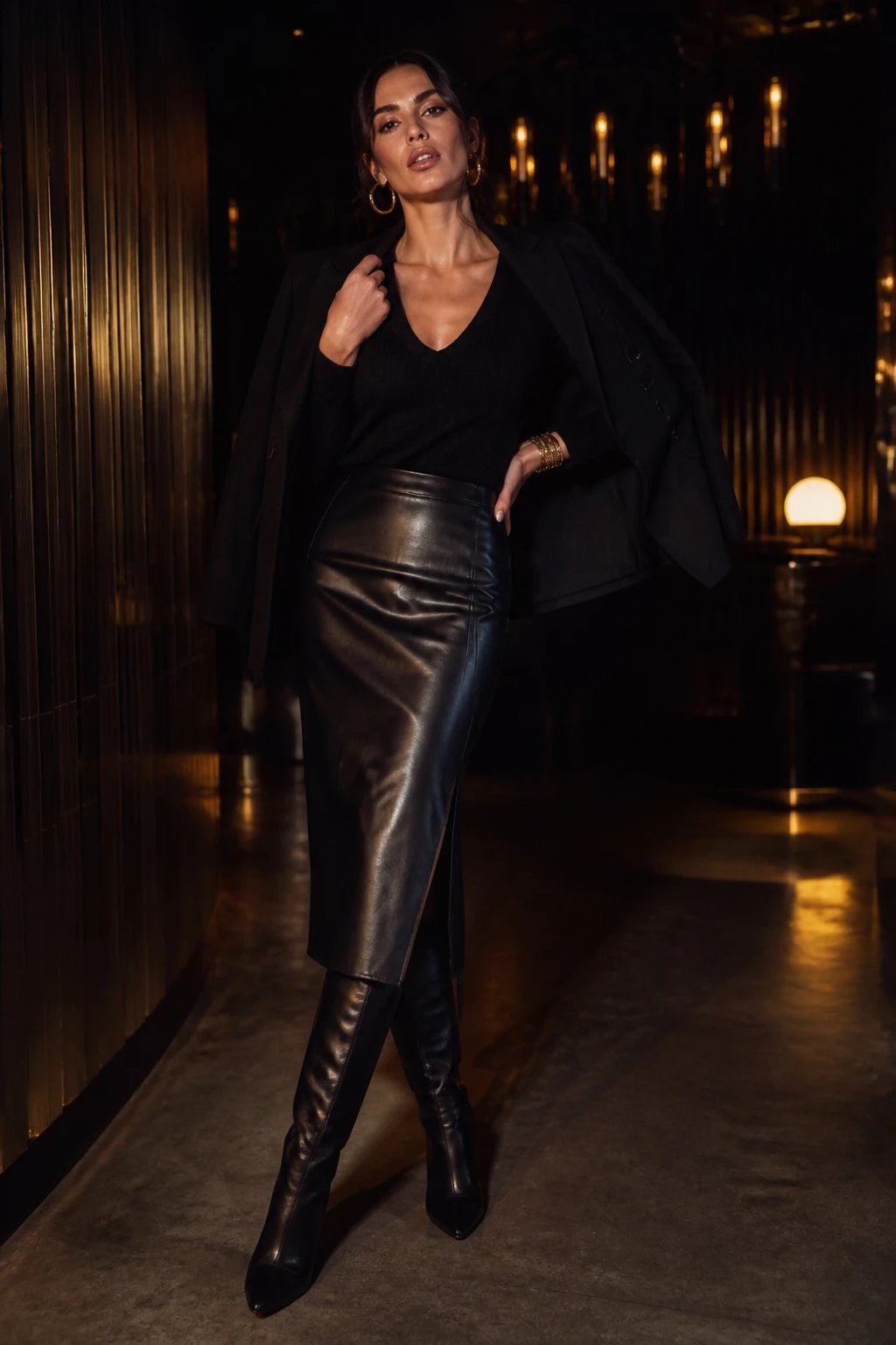 A high-fashion editorial shot of a poised woman in an all-black leather-luxe night-out look. She wears a black leather midi skirt paired with a black v-neck knit sweater or bodysuit, and black knee-high boots. Accessories include bold, gold hoop earrings and a sleek bracelet stack. The styling conveys effortless rebellion with refined luxury; consider a blazer draped over the shoulders for a polished variant. The setting is a dim, atmospheric club-like backdrop with moody, subtle lighting that highlights the textures of the leather and the shine of the gold jewelry. Pose: confident stance with one hand resting lightly on the hip, the other adjusting the blazer or softly touching the jewelry, a subtle but magnetic gaze toward the camera. Realistic, high-resolution fashion photography with shallow depth of field to emphasize the outfit, no text, natural skin tones, and cinematic color grading (deep blacks, warm gold accents).