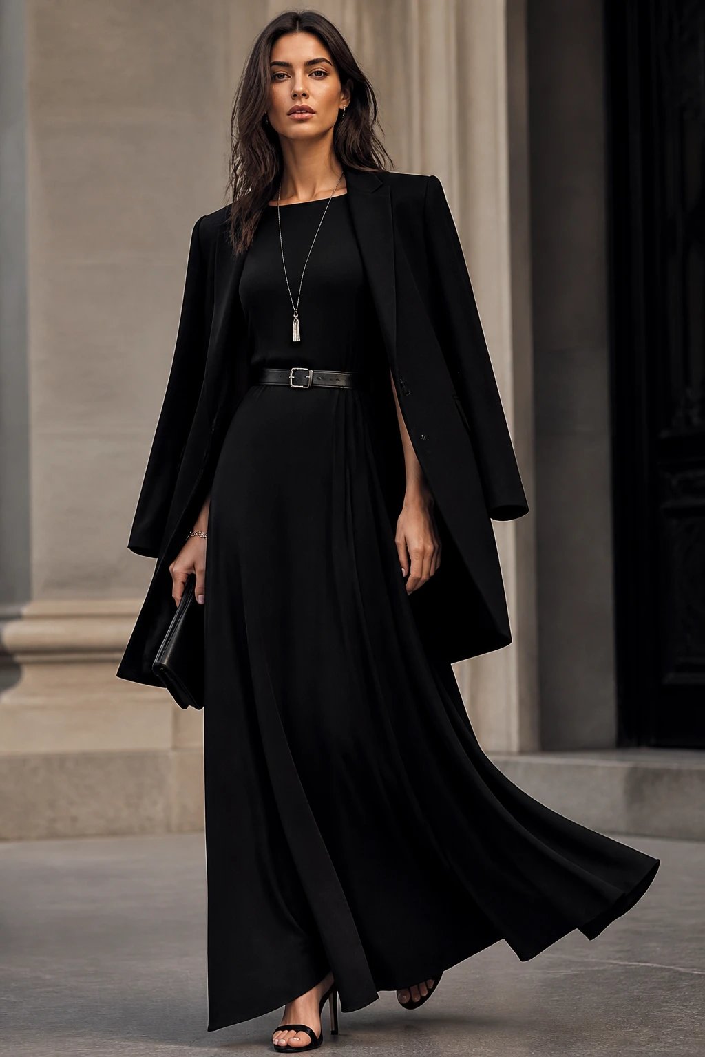 A polished, high-fashion editorial scene featuring a confident female model wearing a black floor-length maxi dress with a structured, tailored silhouette. She pairs it with a slim black belt cinching the waist, a long delicate pendant necklace, and optional layers: a sharp black structured blazer draped over her shoulders and a sleek cape or moto jacket for drama. The look is completed with black heeled sandals or ankle boots. Style is modern, effortlessly elegant, with clean lines and minimal accessories. Pose is poised and timeless, with soft, flattering lighting, a neutral backdrop or urban chic setting, emphasizing the dress&rsquo;s movement and the belt&rsquo;s definition. The image should convey timeless sophistication with a subtle edge, no text, high-resolution, magazine-cover quality.