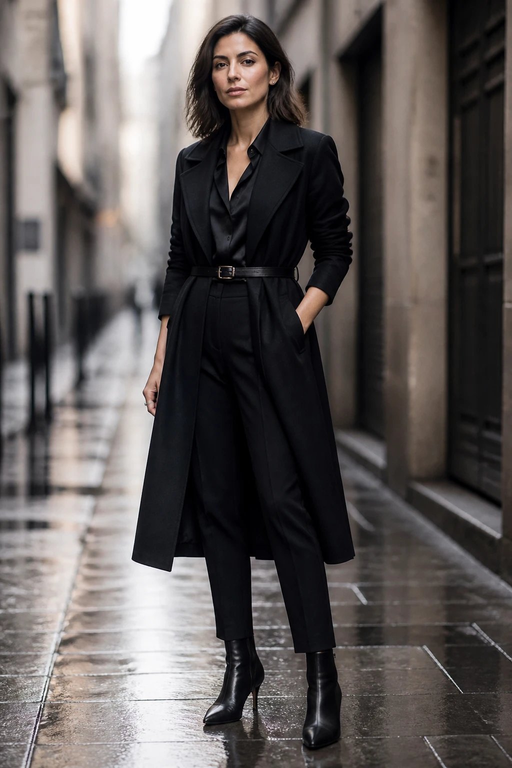 A polished, high-fashion editorial portrait of a woman standing in a softly lit urban alleyway on a overcast day, wearing an all-black ensemble: a tailored black wool-blend trench coat cinched at the waist with a slim belt, black cigarette pants, and a silk black blouse. She pairs pointed-toe ankle boots in black leather. Minimalist jewelry: a single delicate ring and small stud earrings. The trench sleeves are slightly pushed up to reveal a slim wrist, and the coat&rsquo;s lapels frame her silhouette, creating a flattering, streamlined shape. The scene conveys sophistication and effortless chic suitable for business-casual meetings or gallery openings. The background is slightly blurred to emphasize the subject, with muted city tones, reflective wet pavement, and soft diffused light to enhance the textures of wool, silk, and leather. The subject&rsquo;s expression is calm and confident, shoulders relaxed, with a subtle, poised stance that communicates readiness and composure. No text on image.