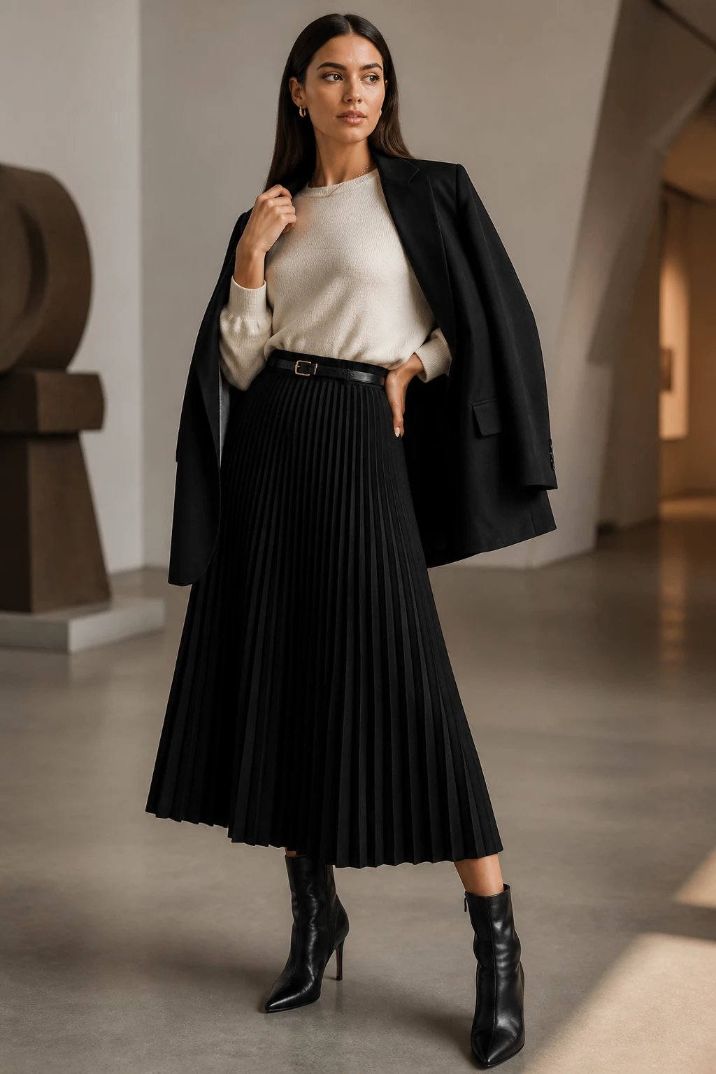 A high-resolution fashion editorial photo of a stylish woman modeling a black pleated midi skirt with a modern edge. She stands in a minimalist, softly lit gallery space with neutral walls and subtle architectural lines. The outfit features a black pleated midi skirt paired with a cream knit top tucked in at the waist, a cropped cardigan draped loosely over the shoulders, and black heeled ankle boots. A minimalist belt is optionally cinched at the waist. The look is completed with a structured blazer worn over the shoulders or draped casually. The model strikes a poised, confident pose with one hand resting at the waist and the other lightly touching the blazer, showcasing the movement of the pleats. Subtle, natural makeup and sleek, straight hair. Photo should capture rich textures: the fluidity of the pleats, the soft knit, the sharpness of the blazer, and the glossy finish of the boots, with a shallow depth of field to keep the outfit in sharp focus while softly blurring the background. No text on the image.