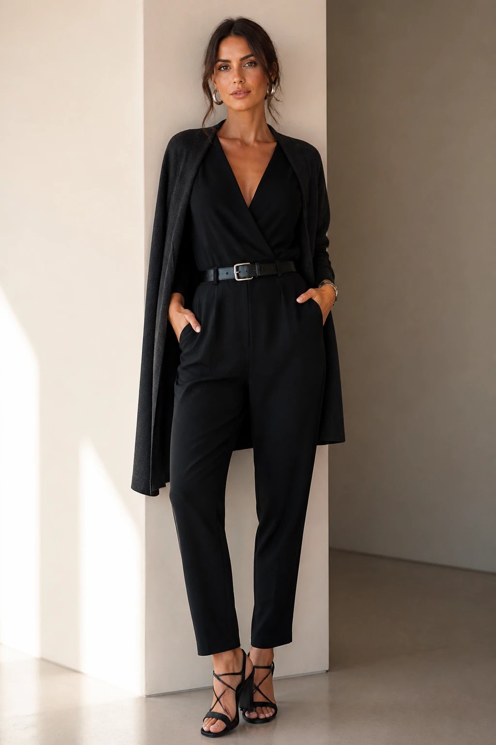 Create a high-resolution, runway-quality editorial portrait of a stylish woman wearing a chic black jumpsuit as described: a tailored black jumpsuit with a defined waist cinched by a sleek black belt, elongating V-neckline to suit a flattering silhouette. Accessorize with statement metallic earrings and a subtle metallic belt buckle for a pop of shine. Choose strappy sandals or block-heeled sandals in black or metallic to keep the look cohesive and sophisticated. Style with a long charcoal or black cardigan draped casually over the shoulders to suggest daytime versatility, while maintaining a sleek, evening-ready vibe. Pose in a clean, minimalist setting with soft, natural lighting that highlights the jumpsuit&rsquo;s fabric texture and the waist-defining belt. The subject should exude confident ease, suitable for occasions like date night, a work presentation, or dinner with friends. Ensure the overall composition is balanced, with a focus on the waistline, neckline, and accessories, and the image remains free of visible text.