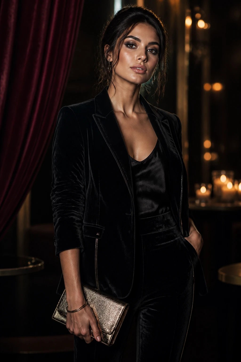 A glamorous nighttime portrait of a stylish individual in a luxurious black velvet ensemble, standing in a moody upscale venue with soft candlelight and velvet drapes in the background. The subject wears a fitted black velvet blazer over a black satin cami, tailored black velvet pants, and a metallic clutch. Accessories are restrained metallic&mdash;thin bracelets and small earrings&mdash;to keep the velvet as the focal point. The look is completed with a soft smoky eye, dewy skin, and a confident, poised expression. The lighting is cinematic with a subtle rim light to enhance the velvet's sheen, cinematic depth of field with a shallow focus on the subject, and a shallow depth of field that slightly blurs the background to emphasize luxury and drama. No text on the image.