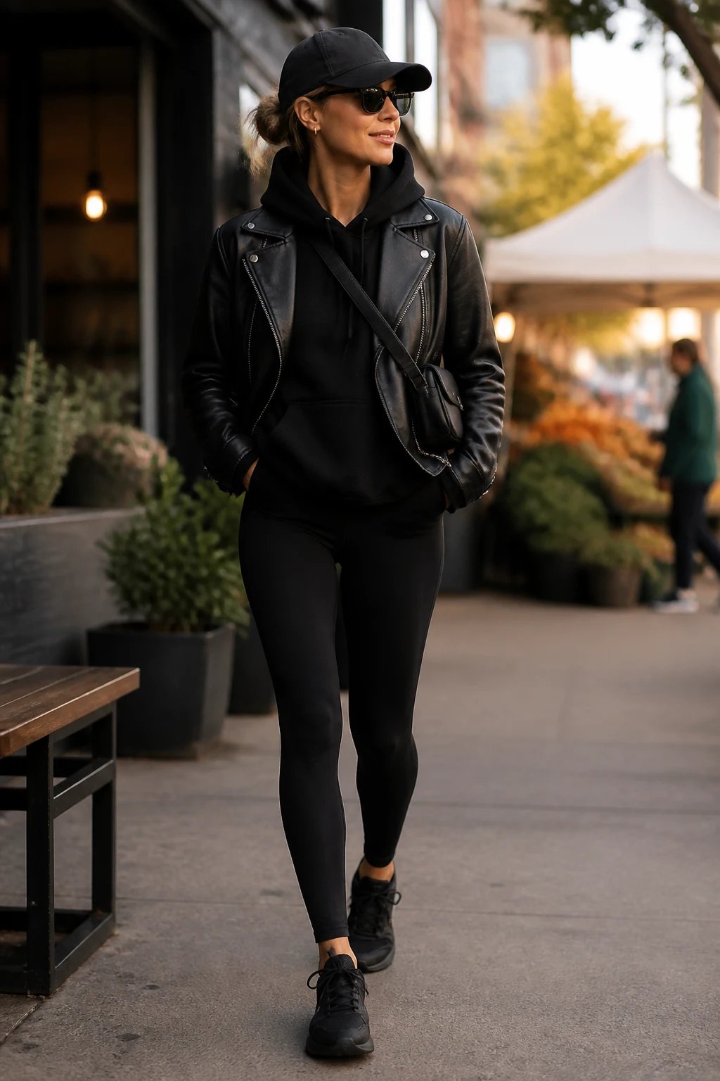 A realistic, high-quality fashion photograph of a stylish, athletic chic woman in an all-black running-errands outfit. She is wearing black leggings, a black oversized hoodie with a slightly structured, tailored look, and black sneakers. Layered over the hoodie is a sleek black motor jacket, with a clean, minimal crossbody bag slung over one shoulder. She completes the look with a structured cap or subtle sunglasses, polished yet practical. The setting is an urban coffee shop sidewalk and market area with soft natural light, capturing a candid, confident vibe&mdash;walking with purpose, a slight smile, and a poised posture. The image should convey balance between comfort and put-together energy, with sharp textures and deep blacks, no text, and a shallow depth of field to keep the subject in crisp focus against a softly blurred city background.