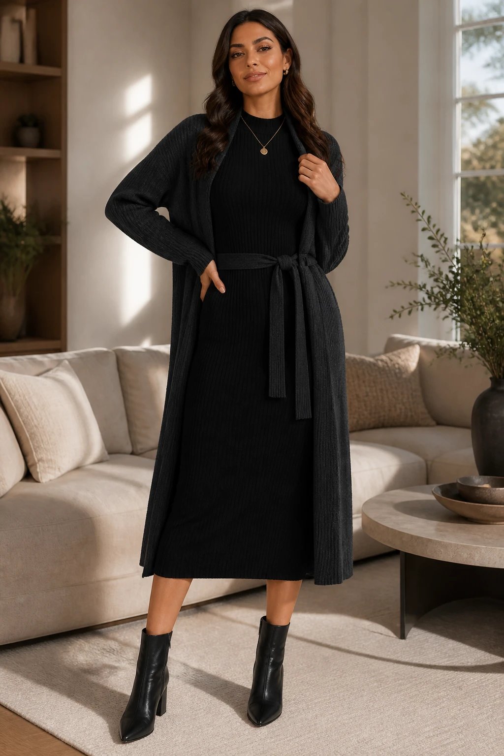 A tall, confident woman stands in a softly lit, modern chic living room with neutral tones and subtle textures. She wears a black knit midi dress that skims the body, paired with black ankle boots. Over the dress, she has a longline charcoal cardigan that drapes elegantly to mid-calf, belted at the waist to define her silhouette. The setting includes a cozy, minimalist backdrop with a plush sofa, a coffee table, and a hint of greenery. She accessorizes with a simple gold pendant necklace and delicate earrings. The daytime light casts gentle shadows, highlighting the knit texture and the layering effect, while her pose&mdash;one hand resting on her hip and the other lightly touching the cardigan&mdash;emphasizes polish and ease. The overall mood is polished coziness suitable for date night, family gatherings, or casual dinners, with a focus on length, structure, and a timeless black-on-black silhouette. No text on image.