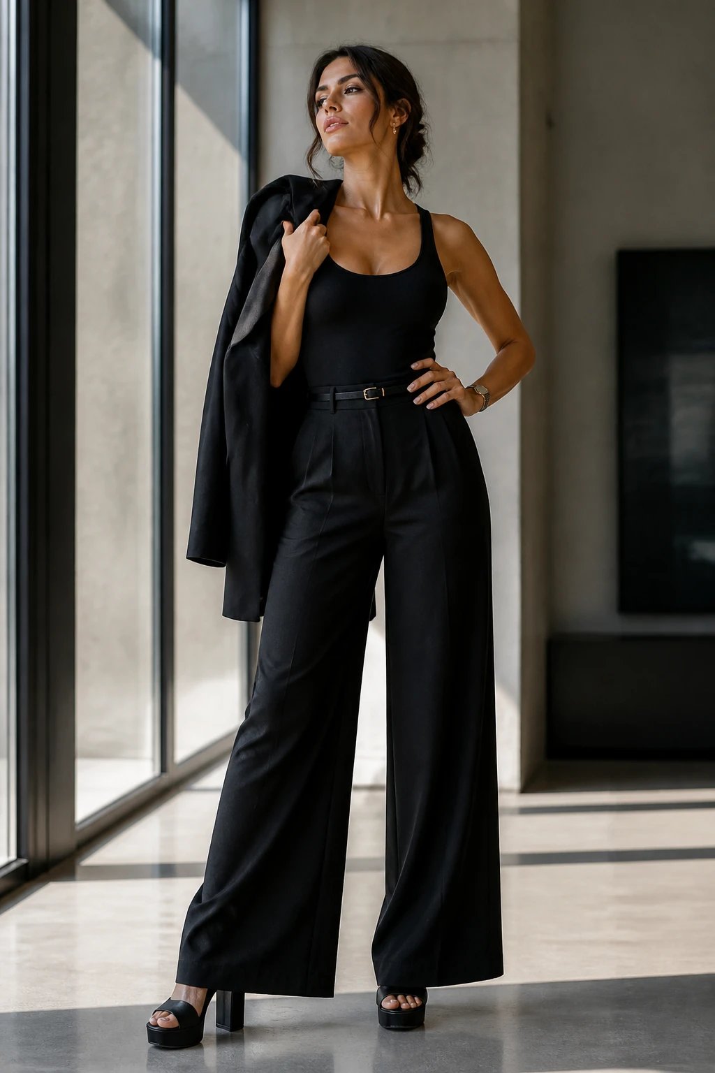 A high-resolution fashion editorial portrait of a confident adult model styled in a sleek black wide-leg pant look. The model stands in a modern, minimalist urban interior with soft natural light streaming through large windows. They wear black wide-leg trousers paired with a fitted black bodysuit, a structured black blazer draped slightly over one shoulder, and chunky-heel platform sandals. The waist is subtly defined with a tucked-in top and a slim belt. The pose is strong and poised: one hand resting on the hip, the other lightly adjusting the blazer, shoulders back, chin lifted. Accessories are minimal&mdash;delicate earrings and a sleek watch&mdash;so the dramatic silhouette remains the focal point. The overall mood is bold, empowering, and polished, suitable for creative meetings, art openings, or upscale brunches. No text on the image.