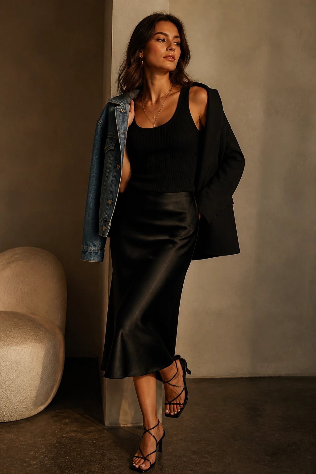 A sleek, high-fashion editorial shot of a stylish woman wearing a vintage-inspired black slip skirt paired with a fitted black tank, captured in a softly lit studio setting with a modern retro vibe. The subject stands slightly angled, one knee bent, conveying effortless movement. She wears a black satin slip skirt that drapes to mid-calf, a fitted black ribbed tank, and delicate, layered gold necklaces resting just above the collarbone. On her feet are low-heeled strappy sandals that complete the retro-modern aesthetic. A cropped denim jacket is casually draped over one shoulder or worn open to anchor the look, while a tailored black blazer hangs slightly off her shoulders for a chic, sophisticated touch. The makeup is subtle with a vintage-inspired glow&mdash;soft cat-eye, neutral lips, and a hint of rosy blush&mdash;while the hair is styled in a sleek, effortless waves look. The backdrop should be a minimal, softly textured neutral set with warm lighting and a shallow depth of field to keep the focus on the model, evoking date-night, gallery-opening, or weekend-concert vibes with a timeless, flirtatious elegance. No text on the image.