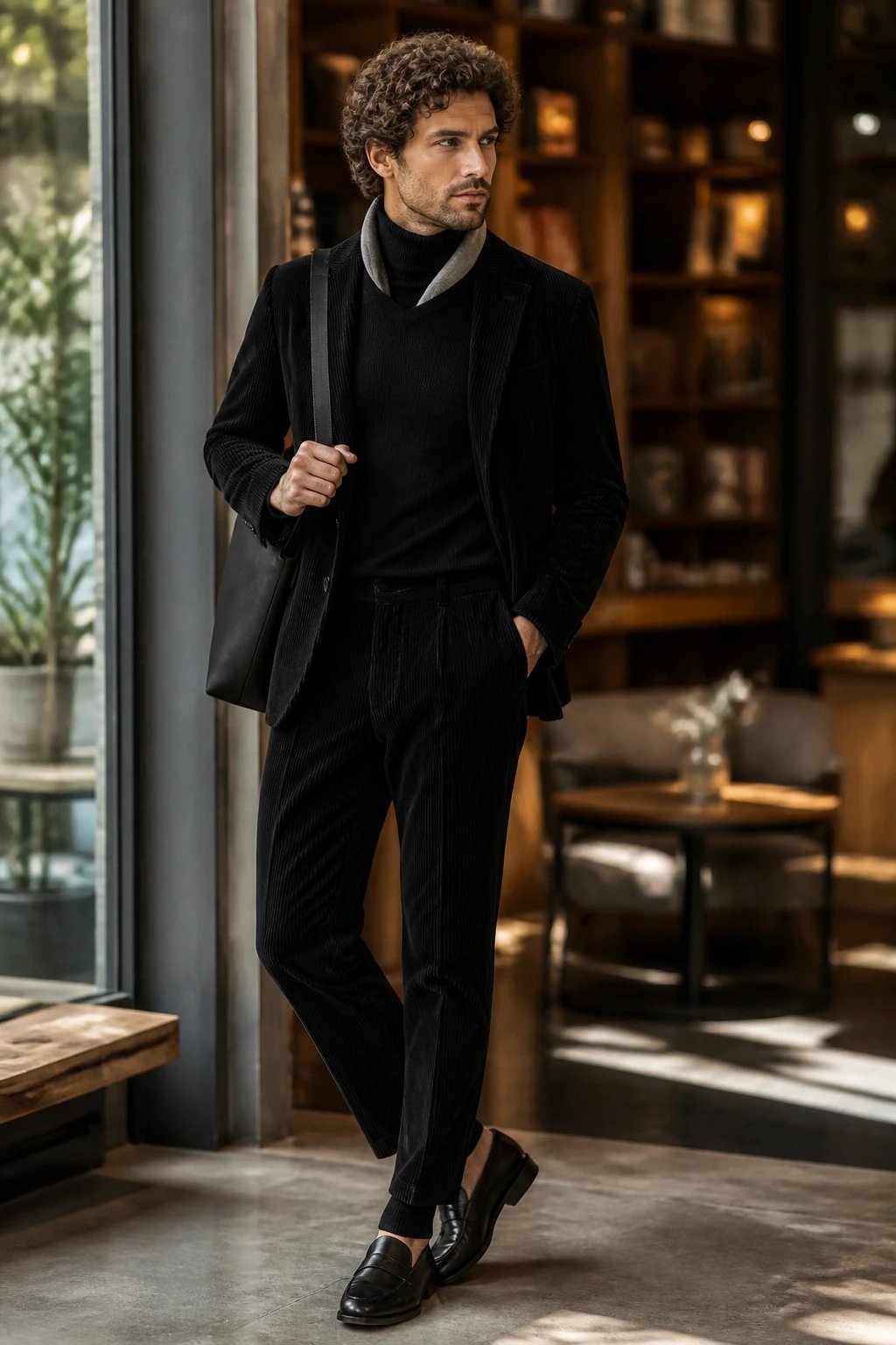 A high-resolution, natural-light fashion editorial portrait featuring a stylish adult model in a timeless black corduroy ensemble. The outfit consists of a tailored black corduroy blazer paired with black corduroy trousers, a black knit turtleneck, and black leather loafers. The look is elevated with a minimalist bag slung over the shoulder and a neutral scarf subtly incorporated at the neck for soft contrast. The setting is a cozy, urban-casual environment&mdash;perhaps a sunlit caf&eacute; corner or a bookstore with warm wood shelves and soft bokeh lights in the background. The model stands with relaxed, confident posture, one hand in the pocket and the other lightly holding the strap of the minimalist bag. Emphasize texture and depth: the plush corduroy, the knit&rsquo;s smoothness, and the loafers&rsquo; sheen. Use shallow depth of field to keep the subject crisp while softly blurring the background, and employ a color palette of black, charcoal, and neutral tones to highlight understated sophistication. No text on the image.