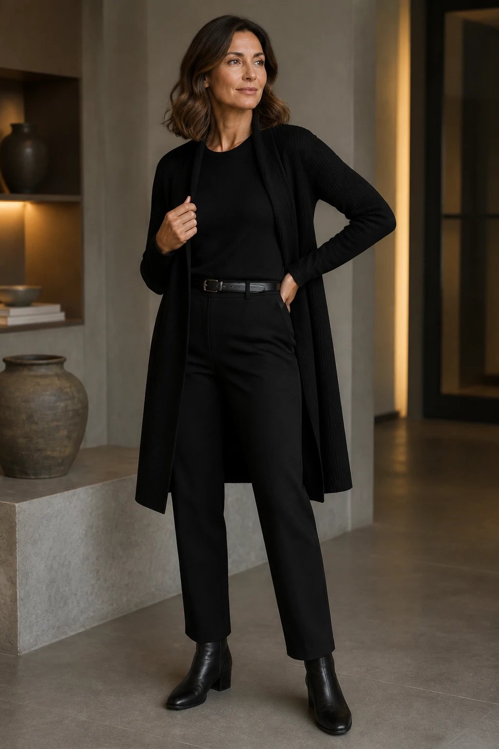 A high-resolution, editorial-style photo of a stylish, confident woman standing in a softly lit urban interior with neutral tones. She wears a timeless black layering system: a fitted black tee beneath a long, draped black cardigan over slim black straight-leg trousers, cinched at the waist with a sleek thin belt. On her feet are black ankle boots with a low heel. The look should show depth through layering: a longer outer layer, a slightly textured cardigan, and a subtle, varied texture in fabrics (cotton, wool, and leather-like belt). Pose her in a relaxed, natural stance&mdash;one hand resting on her hip while the other loosely adjusts the cardigan&mdash;to convey versatility for casual dates to casual Fridays. The backdrop features soft shadows, a minimalist, modern setting with warm ambient lighting, and no visible text or branding in the scene. The overall mood is chic, practical, and timeless, emphasizing a cohesive capsule wardrobe.