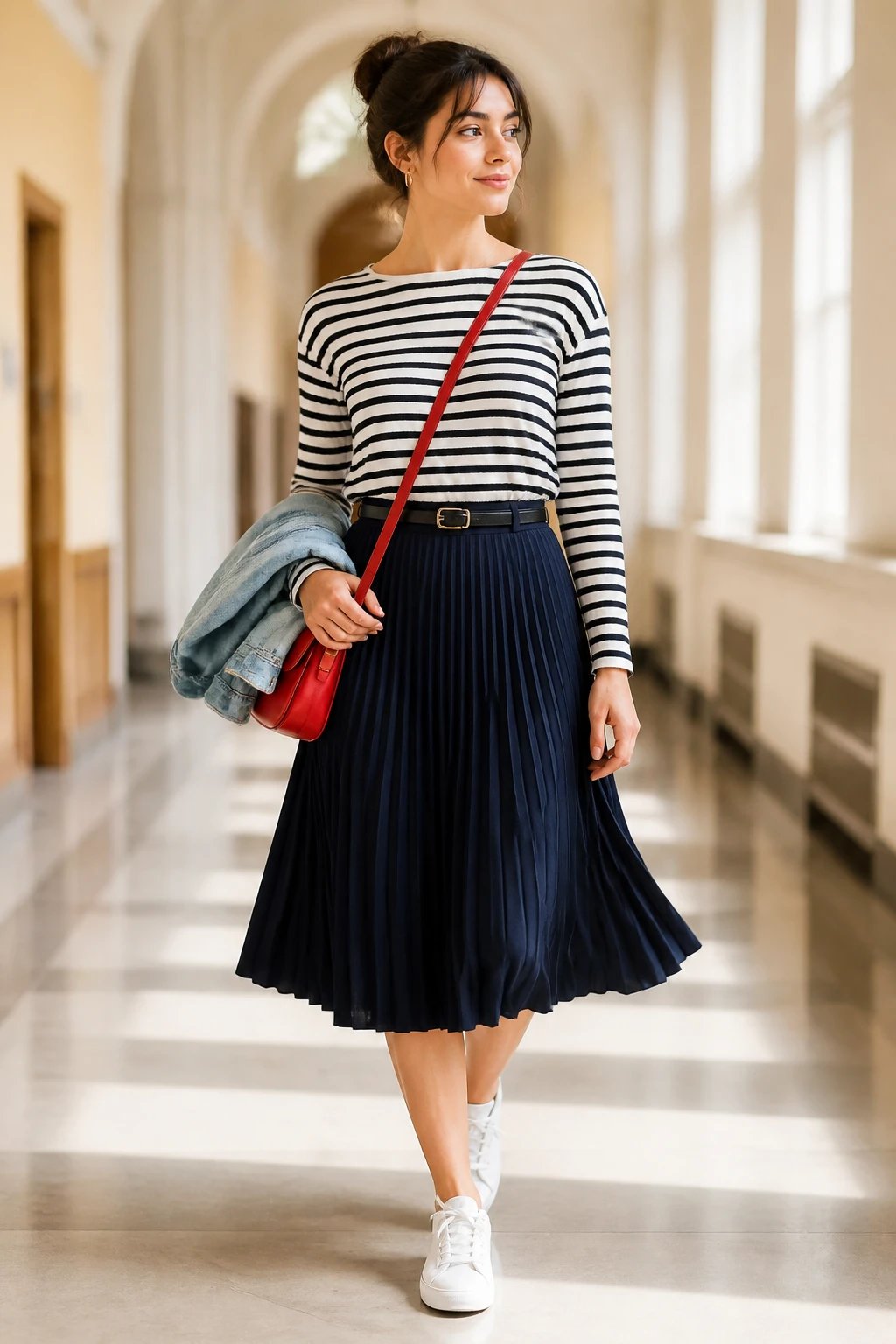 A high-resolution, editorial-style photograph of a stylish student in a bright university hallway with natural window light. The subject is wearing a black-and-white Breton striped long-sleeve top tucked into a navy pleated midi skirt, paired with white sneakers for a clean, scholarly vibe. She carries a small red crossbody bag across her body, and wears minimal accessories—small hoop earrings and a thin belt at the waist. The outfit is completed with a light denim jacket draped over one shoulder or hanging casually near the hip. The composition highlights the striped pattern, the movement of the pleated skirt, and the crisp contrast between black, white, and red. The background is softly blurred to keep focus on the subject, creating a chic, put-together energy suitable for a school setting. No text or overlays on the image.