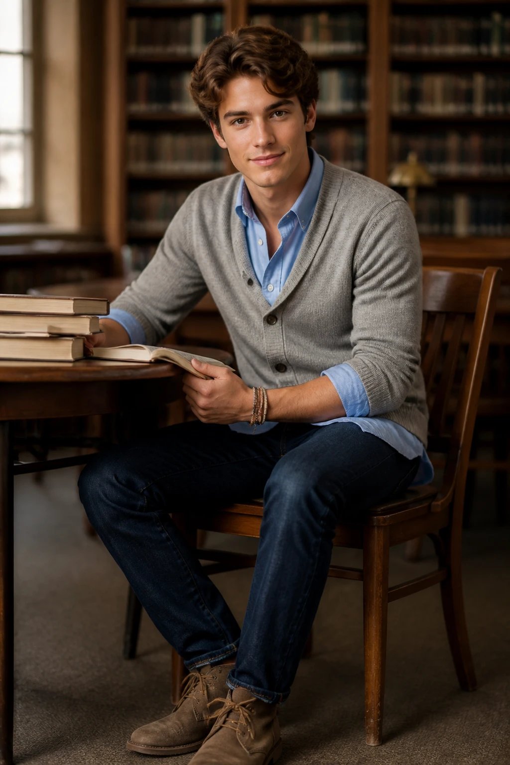 A realistic high-resolution photo of a stylish student in a library setting, the main subject centered and looking confidently at the camera. They wear a blue oxford shirt layered under a soft gray cardigan, the cardigan open just enough to reveal the shirt peeking at the hem. The shirt sleeves are rolled to 3/4 length to reveal a slim bracelet stack on one wrist. Dark-wash straight-leg jeans and brown desert booties complete the outfit. The shirt is untucked slightly to show through under the cardigan, and a subtle, natural pose suggests a study-session vibe. Soft, natural lighting with warm tones and a blurred bookshelf background to emphasize a polished, effortless preppy look. No text on the image.