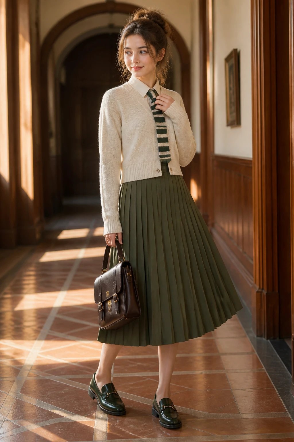 A high-quality, realistic photo of a stylish student posing in a sunlit campus hallway. The main subject is a youthful individual wearing an olive pleated midi skirt paired with a cream knit cardigan, buttoned to the top with a slightly loose striped knit tie (or skinny scarf) in complementary hues. The look is completed with Louis-green loafers and a structured satchel carried in one hand. Pose is confident yet scholarly: shoulders back, one hand adjusting the cardigan at the top button, the other holding the satchel strap. Soft, natural lighting highlights the texture of the knitwear and the movement of the pleated skirt as the subject turns slightly. Background features a collegiate corridor with warm wood tones and subtle architectural details, no visible text or logos, ensuring the outfit is the focal point. The overall mood is playful, literary, and wearable for daily school life.