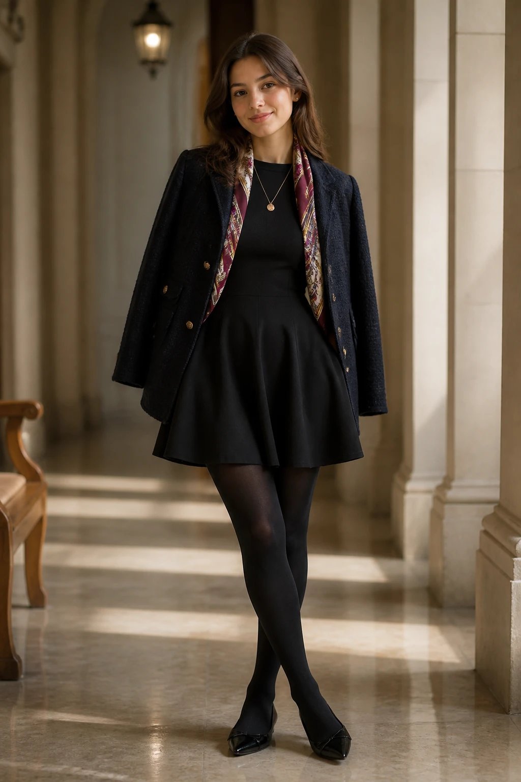 A realistic, high-quality fashion photograph of a stylish student standing in a softly lit hallway with warm, natural tones. The main subject is a young woman wearing a black skater dress paired with a navy tweed blazer draped over her shoulders, black opaque tights, and pointed-toe flats. The blazer should appear subtly oversized and casually positioned to convey relaxed luxe. She accessorizes with a delicate pendant necklace and keeps the look polished yet comfortable. Include a silk scarf in a contrasting color draped loosely at the neck or tucked under the blazer for a subtle pop of color. The pose is poised yet approachable, with a gentle smile and a confident, easy stance. The background is clean and slightly blurred to emphasize the outfit, with soft shadows that enhance texture and depth without distracting text. No visible branding or text in the image.