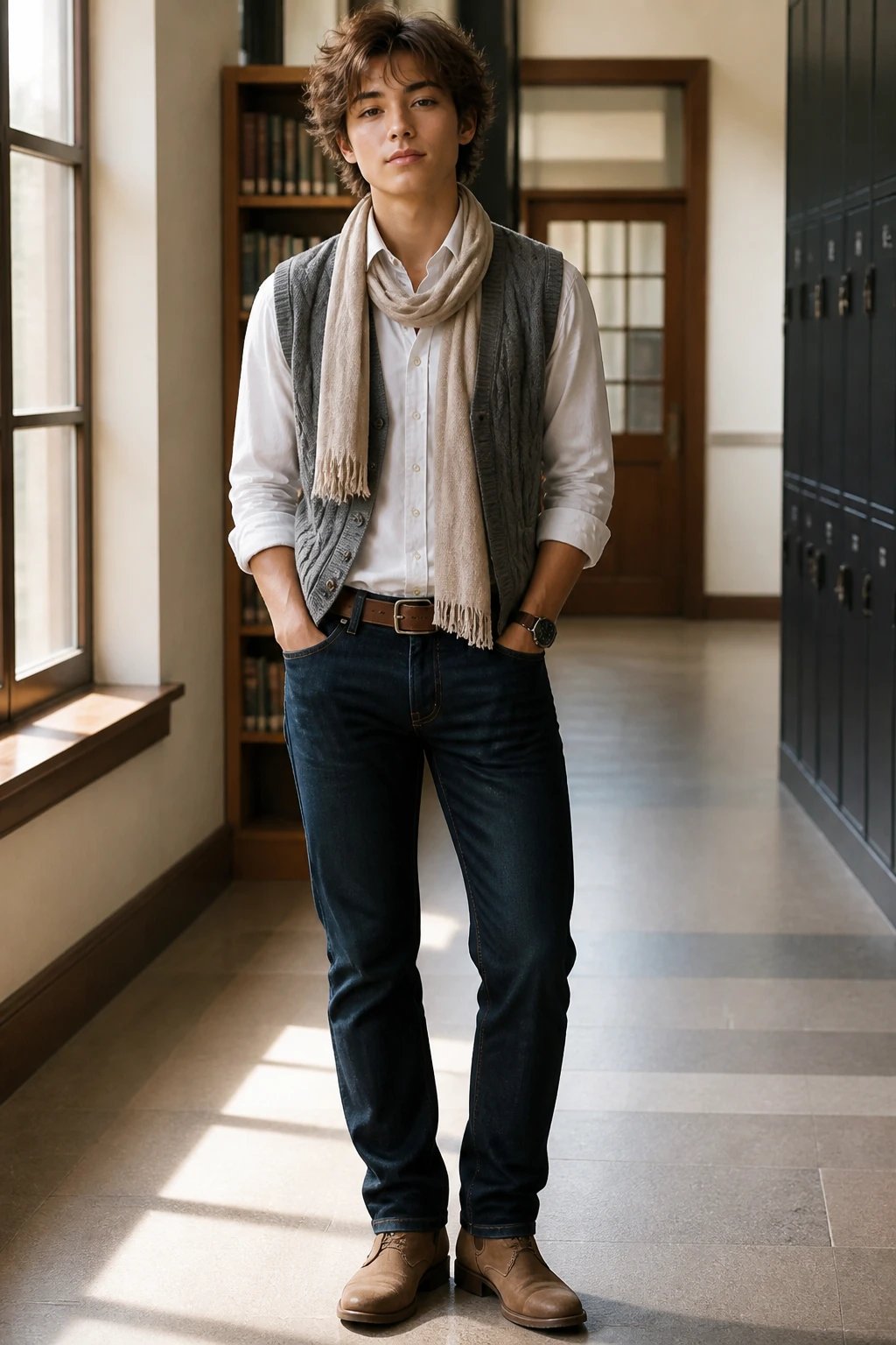 A high-quality, realistic fashion photograph of a stylish student in a school setting, centered in the frame. The subject is a confident, gender-neutral-presenting teen wearing a medium gray cable-knit vest layered over a classic white button-down shirt, left slightly unbuttoned at the collar to reveal just the edge of the shirt collar. The vest is open enough to show the crisp white shirt underneath, paired with dark wash straight-leg jeans and tan ankle boots. A slim leather belt with a subtle buckle and a sleek watch complete the tailored look. The outfit exudes a polished, preppy vibe suitable for study halls and campus visits. The subject stands in a well-lit corridor or classroom hallway with soft natural light coming from windows, a cozy yet scholarly atmosphere in the background, perhaps hints of a bookshelf or lockers out of focus. Optional light scarf in a neutral tone draped loosely around the neck for chilly corridors. The overall composition is clean and fashionable, with a focus on texture—the cable-knit vest, the crisp shirt, and the shine of the leather belt and watch. No text on the image.