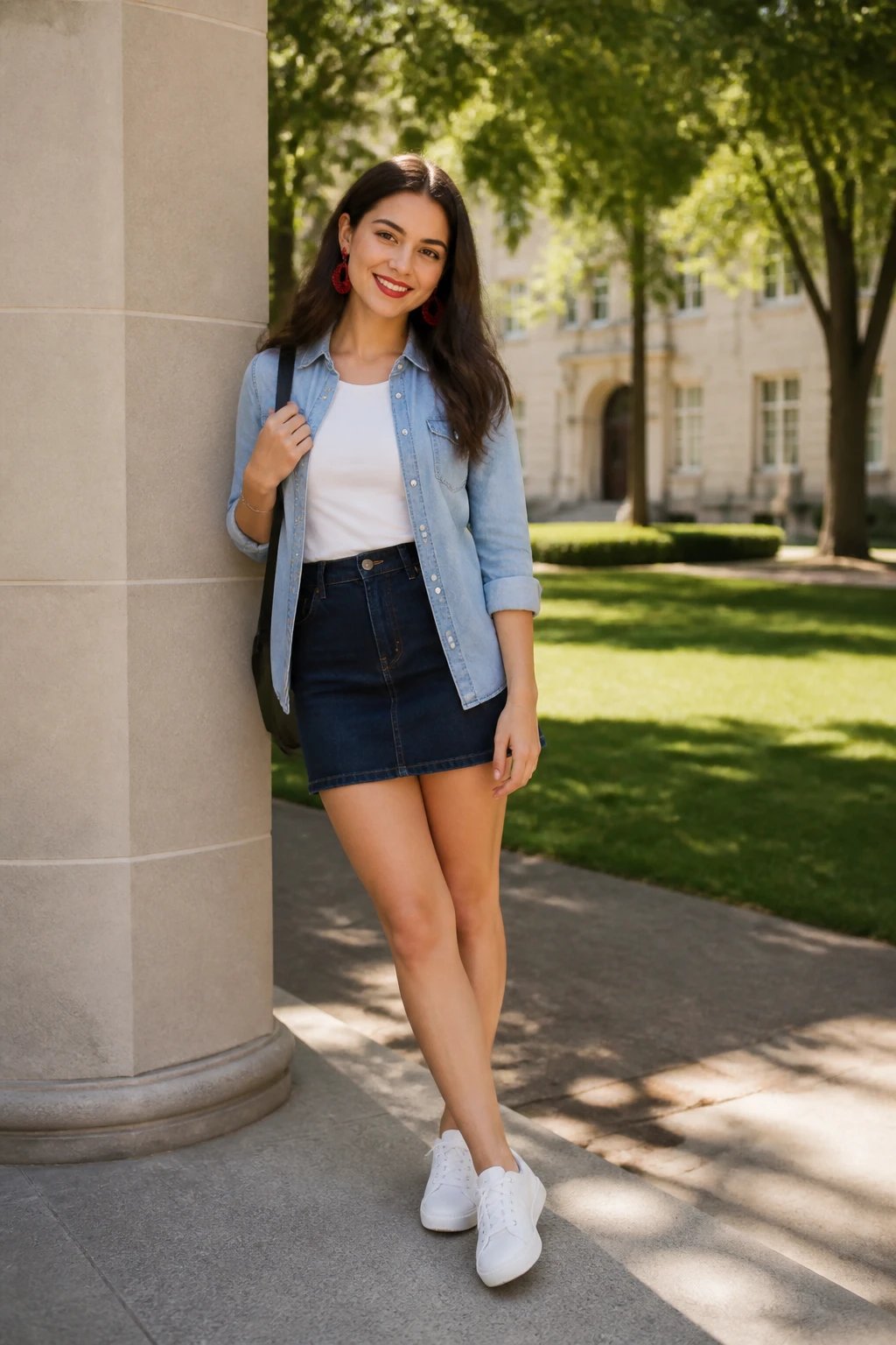 A realistic, high-quality photo of a stylish student posing in a sunny campus setting, featuring a Madewell-style chambray denim outfit: a light chambray button-down shirt tucked into a dark wash denim mini skirt, layered over a crisp white tee, with white sneakers. The denim shades should differ slightly to avoid a flat look, and the subject should wear bold red lipstick or bright statement earrings to add a pop of color for photos. The scene should convey a casual, effortlessly chic vibe suitable for campus tours or club fairs, with soft, natural lighting, minimal background clutter, and the subject engaging with the camera in a relaxed, confident stance. No visible text on the image.