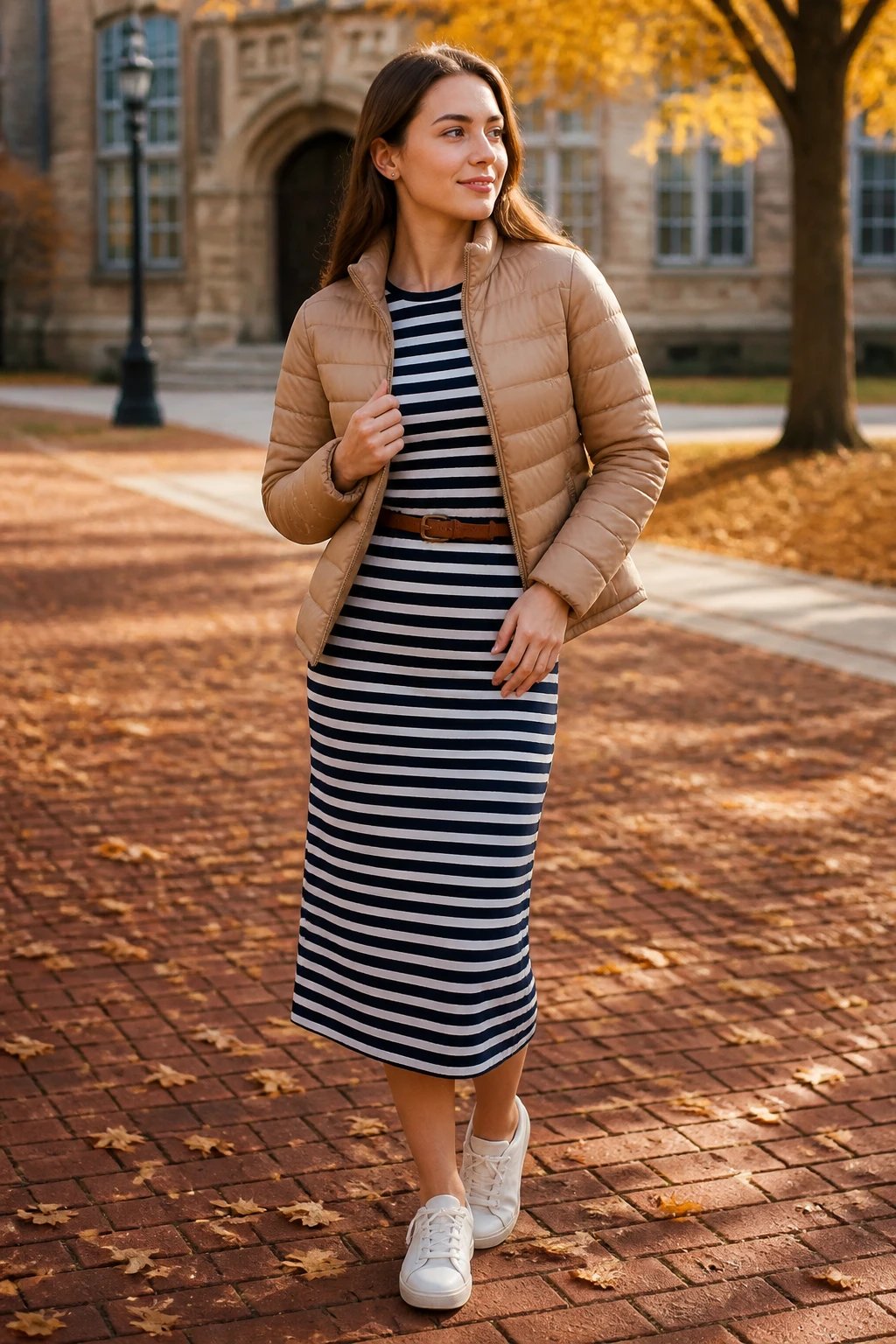A realistic, high-quality fashion photograph of a stylish student model standing in a sunlit campus courtyard during autumn. The model wears a Breton stripe midi dress in classic navy and white, paired with a lightweight tan puffer jacket worn half-zipped to reveal the dress’s waistline, and simple white sneakers. A slim belt cinches the waist over the dress, adding polish, while minimal stud earrings complete the look. The puffer sits neatly to avoid bulk, creating a streamlined silhouette. The outfit is styled for cozy-chic appeal, with the subject posing with one hand lightly adjusting the puffer and the other resting at the hip, a relaxed, confident expression. The background features softly blurred autumn foliage and campus architecture, with warm, natural lighting and a shallow depth of field to keep the focus on the subject. No text or logos visible.