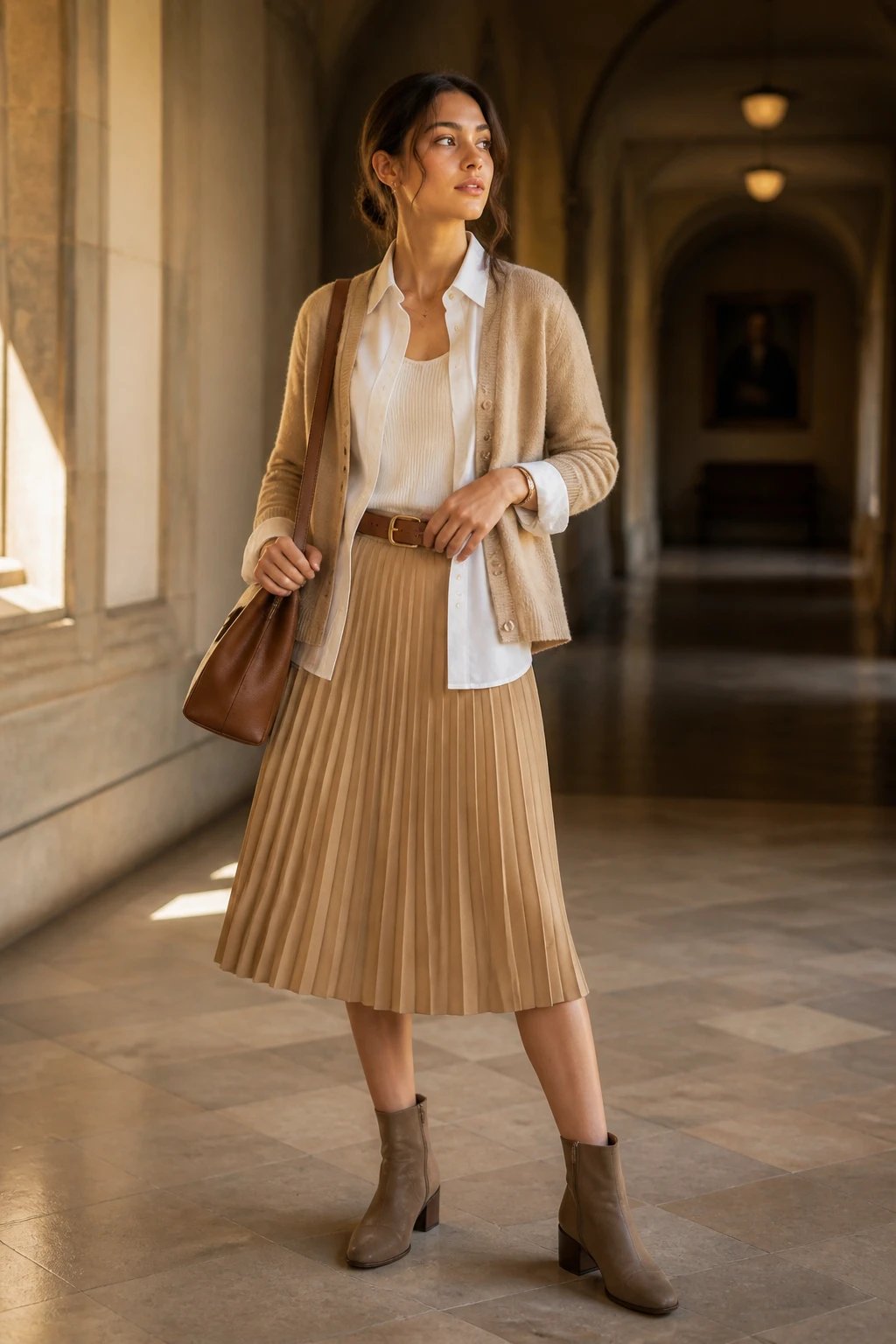 A realistic, high-quality fashion editorial photo of a stylish, casual-preppy student-inspired outfit. The main subject is a young woman standing in a softly lit, collegiate-inspired hallway with warm, natural tones and hint of morning sunlight. She wears a cream oxford button-down shirt layered under a beige cardigan, with a tan pleated midi skirt that falls below the knee. A neutral tank top sits beneath the oxford, subtly peeking out at the neckline and bottom of the cardigan for a crisp edge. The outfit is completed with a mid-sized tan tote slung over one shoulder and a slim belt at the waist. The look is finished with sandals transitioning to block-heel ankle boots for a polished, versatile vibe. The color palette is cream, beige, tan, and warm neutrals. The subject poses with a relaxed, confident stance, one hand resting near the belt, the other lightly holding the tote. Lighting is soft and natural, with gentle shadows to emphasize textures: the crisp cotton of the oxford, the knit of the tank, the drape of the cardigan, and the pleats of the skirt. The background should be slightly blurred to keep focus on the outfit and subject, no text or logos visible.