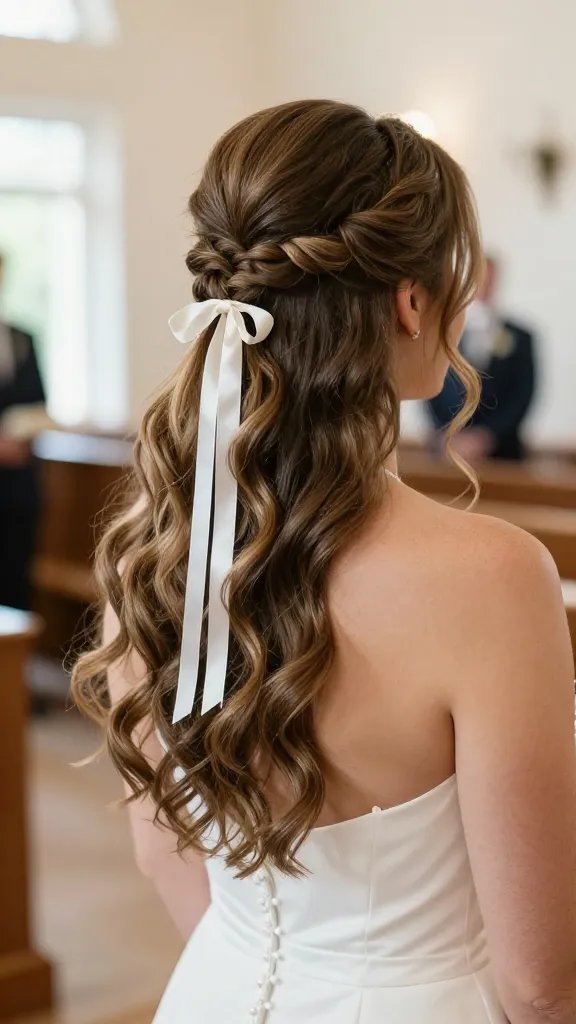 Create a realistic, high-quality bridal portrait of a bride wearing a romantic half-up half-down hairstyle. The focus is on soft, loose waves cascading down, with a delicate narrow satin ribbon woven through a small fishtail braid integrated into the style. The hairstyle should appear timelessly romantic, with the ribbon catching subtle light to create gentle highlights. The setting is a softly lit wedding moment&mdash;she stands in a sunlit church aisle transitioning to a bright, airy reception space, capturing both daylight and a hint of flash glow. The bride&rsquo;s expression is serene and joyful as she says &ldquo;I do.&rdquo; Ensure natural skin tones, detailed hair texture with movement, realistic ribbon sheen, and a clean, elegant wedding dress with minimal jewelry. No text or logos in the image.