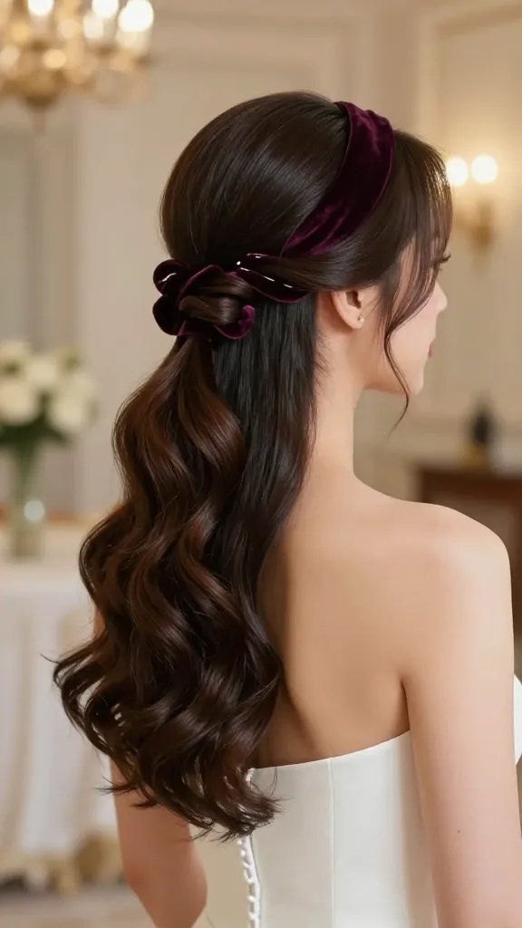 Create a hyper-realistic, high-detail portrait of a bride showcasing the "Velvet Wrap Pony with Twists" half-up half-down hairstyle. The bride stands in a softly lit, elegant wedding venue with warm ambient light, subtle bokeh in the background, and airy, luxurious decor. The hairstyle features a sleek, polished half-up pony secured with discreet pins, a velvet wrap around the base that conceals the elastic, and two tiny, delicate twists for added texture. The velvet wrap should appear lush and matte, in a rich charcoal or deep burgundy tone to convey luxe softness. The rest of the hair falls in smooth waves down the back, with natural shine. The bride wears a timeless, modern wedding gown with clean lines, minimal jewelry, and a poised, confident expression. The image should be a close-up to mid-shot focusing on the head and shoulders, capturing crisp details of the velvet wrap, the subtle twists, the sleek pony, and the bride&rsquo;s radiant makeup with a soft, romantic look. No text on the image.