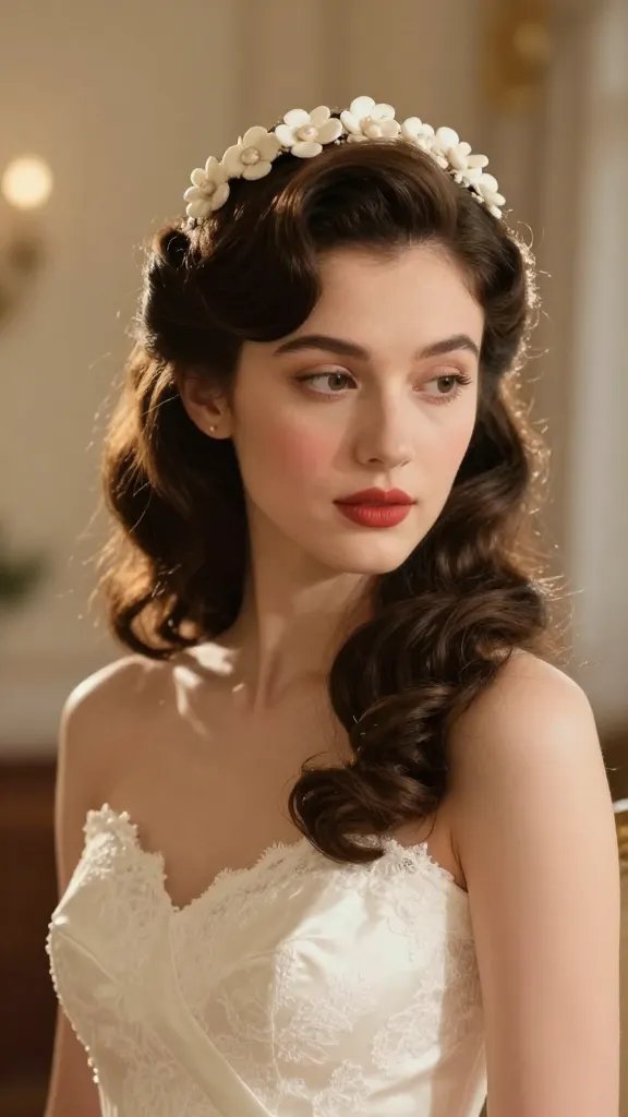 Create a high-resolution, realistic photo of a bride wearing a 3/4 view portrait in a sunlit, elegant indoor setting. The hairstyle is a half-up, half-down look titled &ldquo;Buttoned Curls Crown,&rdquo; featuring soft, vintage-inspired ringlets with a subtle lift at the crown for flattering shape. Along the crown sits a delicate row of decorative buttons or small blooms, adding a cinematic, old-Hollywood glamour with a playful edge. The hair should have natural volume and a light, effortless bounce without looking weighed down. The bride&rsquo;s expression is serene, slightly dreamy, with soft, timeless makeup&mdash;classic red or rose lip, soft neutral eyes, and a gentle blush. She wears a timeless wedding gown with clean lines, perhaps a satin or lace bodice, to enhance the cinematic vibe. The background suggests a classic venue or studio with warm, diffused lighting, creating a dreamy, film-like atmosphere. Ensure the main subject is clearly the bride, with the hairstyle and crown details in sharp focus while the rest of the scene remains softly blurred to emphasize elegance and whimsy. No text on the image.