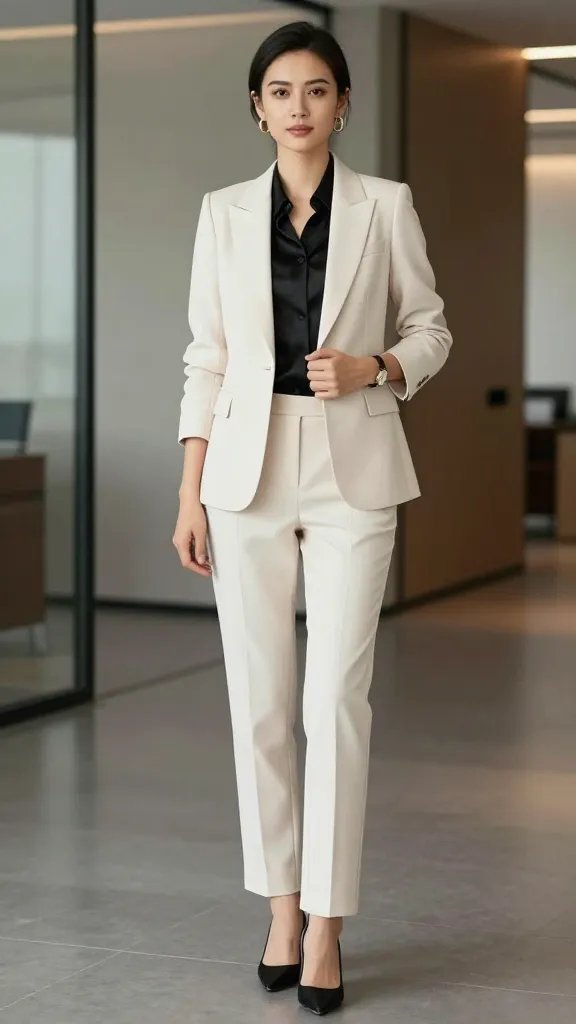 A high-resolution, editorial-style photo of a confident, fashionable woman standing in a sleek office hallway with soft natural light. She wears a cream tailored blazer and matching cream tailored trousers, a silk black blouse underneath, and black pointed-toe pumps. Accessories include minimal yet bold gold hoop earrings and a slim, tasteful belt cinching the blazer to accentuate the silhouette; a thin, elegant watches peeks from her wrist. The look is monochrome with a subtle contrast from the satin black blouse to add depth. Pose: poised and commanding, one hand resting at her side, the other lightly adjusting the blazer, conveying executive confidence. The background features clean lines, glass doors, and muted, professional tones to emphasize a modern corporate vibe. Ensure the main subject is clearly in focus, with a sharp, polished finish and natural skin tones; no text anywhere in the image.