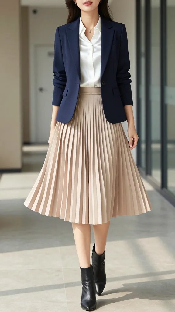 A high-resolution fashion photography scene of a confident professional woman standing in a sunlit office corridor with neutral-toned walls and sleek glass doors in the background. She wears a tailored navy blazer paired with a beige pleated midi skirt that moves softly with her stride, a crisp white satin blouse neatly tucked in, and black ankle boots with a slight heel. A delicate pendant necklace rests at her collarbone and a slim belt cinches the waist to emphasize the silhouette. The blazer is worn closed to convey authority, yet the pleated skirt adds feminine movement. Lighting is bright and natural with soft shadows to emphasize texture: the blazer fabric, smooth satin blouse, and the crisp pleats catching the light. Pose: she stands with one hand resting near her waist, the other slightly lifting the edge of the skirt to show the pleats in motion, a poised, forward-looking gaze. Style notes: color blocking with professional polish, crisp tailoring, minimal accessories, no text on the image. The overall mood is bold, corporate chic with girlish flair.