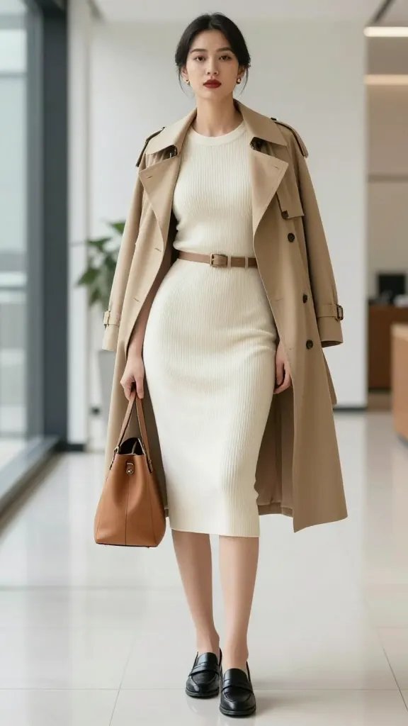 A high-resolution, realistic fashion photograph of a confident, stylish professional woman standing in a bright, modern office hallway. She wears a cream knit midi dress with a tailored silhouette, paired with a lightweight tan trench coat draped over her shoulders. She has a slim belt cinching the waist to sharpen the shape. She completes the look with black leather loafers and a structured tan tote bag held casually at her side. The setting features clean lines, soft natural light, and subtle reflections on polished floors. The composition emphasizes minimalism, texture, and dimension, with the subject poised and poised with a bold lip for a subtle pop of color. No text on the image.