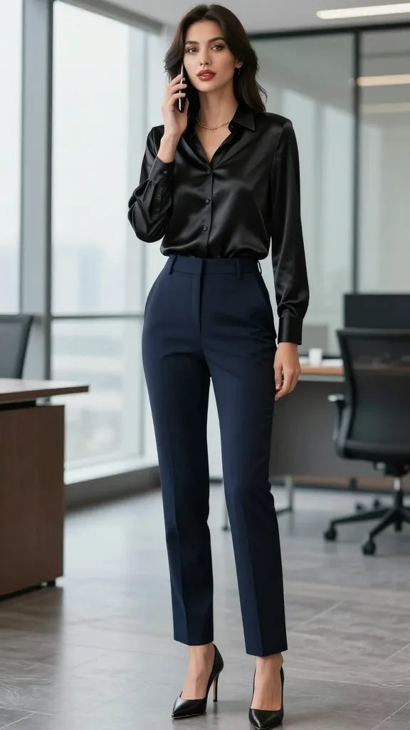 A high-resolution, editorial-style fashion photograph of a confident, polished woman in a modern corporate setting. She wears a black satin blouse tucked neatly into navy tailored trousers, paired with black slingback heels and a delicate gold chain necklace. The look exudes upscale sophistication with a hint of glamour. The blouse should have smooth, subtle sheen and structured drape, while the trousers are tailored and pressed with a clean crease. The belt is minimal or not visible, and the overall silhouette is crisp and librarian-chic. The subject stands in a sleek, contemporary office environment&mdash;soft natural light from a large window, glass and neutral tones in the background&mdash;holding a poised, strategic expression as if in a client call or strategy session. A glossy lip to reflect the satin sheen, no visible text on the image.