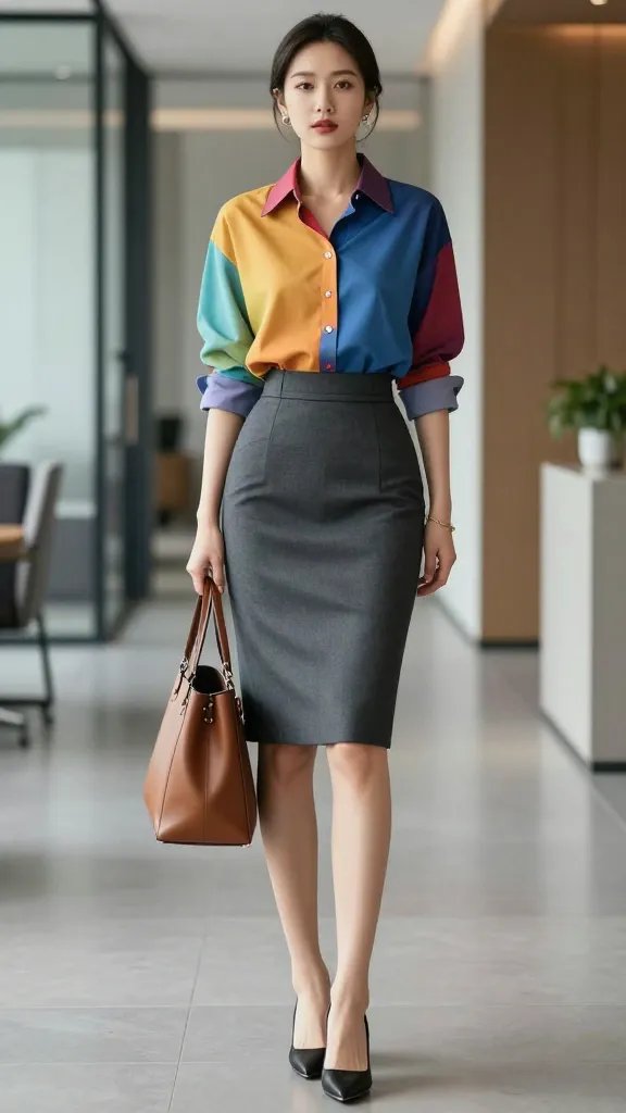 Create a high-resolution, realistic fashion photograph of a poised female professional standing in a sleek, modern office hallway with soft natural light filtering through glass panels. The subject wears a charcoal structured pencil skirt that hugs the waist and falls to just below the knees, paired with a bold, Colorful statement button-up shirt tucked neatly into the skirt, the shirt slightly oversized for a modern twist. She wears black heeled mules and carries a polished leather tote in a coordinating shade. A slim belt cinches the waist for added definition. The sleeves are rolled up slightly for a relaxed yet authoritative vibe. The pose is confident and forward-facing, with one hand lightly resting on the tote and the other at her side, shoulders back, chin slightly up. Subtle jewelry&mdash;small hoop earrings and a delicate bracelet&mdash;complements the look. The background features minimalist office decor: clean lines, neutral tones, and a touch of metallic accents, ensuring the outfit remains the focal point. No text or logos in the image.