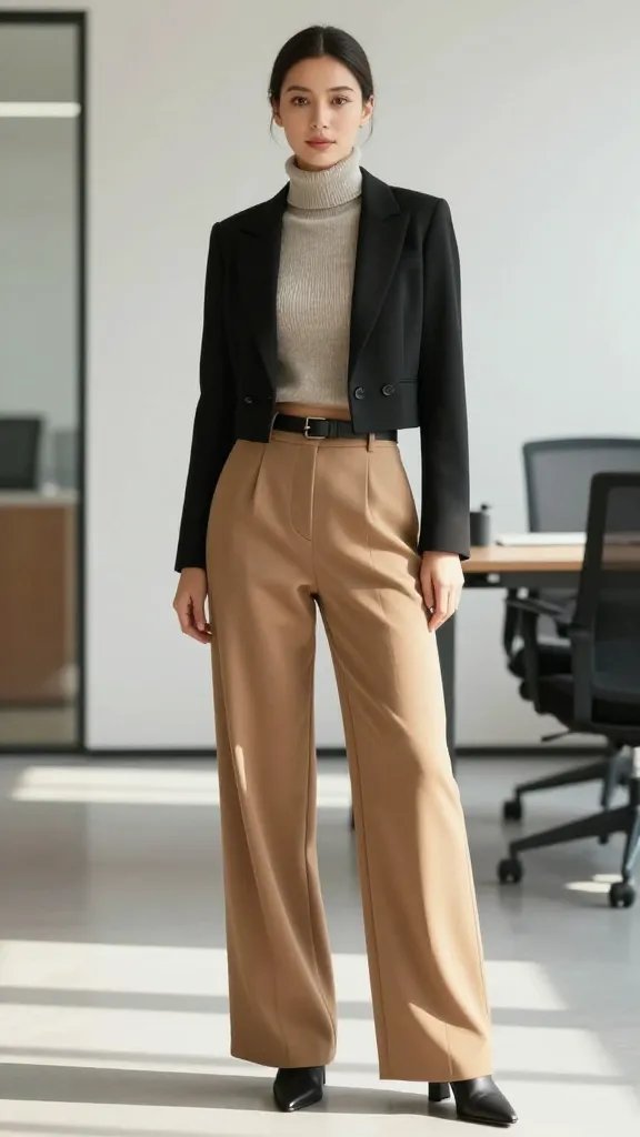 A high-resolution, editorial-style portrait of a confident professional woman in a modern office setting. She wears a black cropped blazer paired with high-waisted wide-leg camel trousers and a neutral knit turtleneck. The blazer reveals a hint of midriff while the top remains fitted, and a slim matte-buckle belt accents the waist. She finishes the look with pointed-toe boots and a sleek, low ponytail to keep clean lines. The composition features a clean, minimalist office background with soft natural lighting, subtle sunlit highlights on the fabric, and a poised, ready-for-budget-meetings posture. The overall mood is empowered, polished, and fashion-forward, with attention to texture&mdash;the smooth blazer, the rich camel drape of the trousers, and the sleek belt. No text, no logos. The subject is the main focus, captured in a three-quarter pose that conveys confidence and movement.