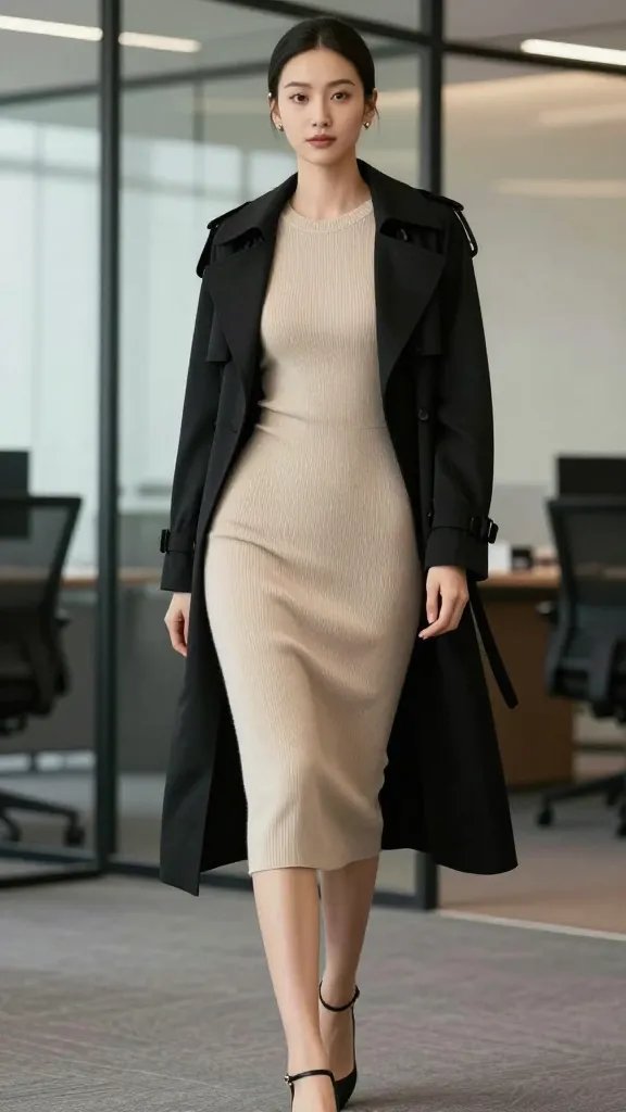 A high-fashion editorial portrait of a confident professional woman in a modern corporate setting, standing with poise in a beige knit sheath dress that hugs a defined silhouette. She wears a structured black trench over the dress, tailored and dramatic, with black ankle-strap heels and minimal stud earrings. Her hair is styled in a sleek low bun, makeup sophisticated with a natural, polished finish. The background is a softly lit, upscale office environment with clean lines and glass partitions to imply hybrid workdays. The lighting highlights the texture of the knit dress and the sharp structure of the trench, creating a refined, powerful aesthetic without any text on the image. The overall mood conveys command, coziness, and modern professionalism.