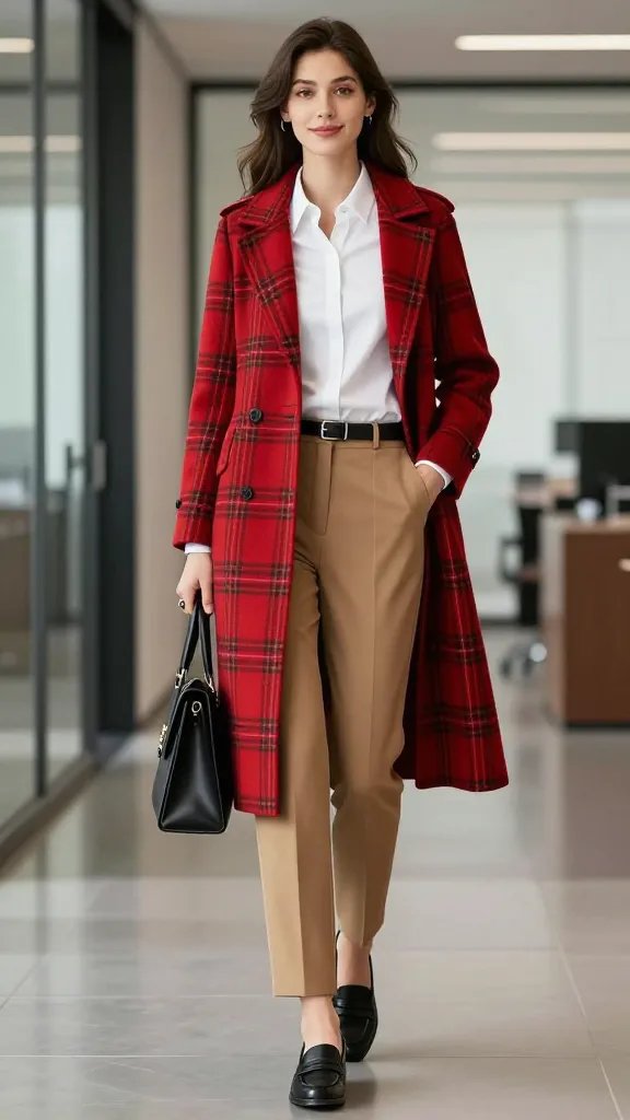 A high-resolution, ultra-photorealistic fashion editorial image featuring a confident female professional model styled in an office-ready ensemble. She stands in a modern, sleek corporate hallway with soft, natural lighting and minimal reflections. The main subject wears a tailored camel pair of trousers paired with a crisp white button-up blouse, tucked in neatly. Over the blouse, she drapes a bold red plaid long coat that falls to mid-calf, featuring a structured silhouette and sharp lines. She completes the look with black loafers, a slim black belt, and a structured black handbag held casually at her side. A single bold ring adds a tiny pop of personality. The coat is the focal point; the rest of the outfit remains streamlined to emphasize clean lines and polish. The model&rsquo;s posture is poised and purposeful, as if stepping into a planned promotion, with a subtle, confident smile and direct eye contact toward the camera. The backdrop is a polished corporate corridor with glass accents, muted tones, and a slight depth of field to keep the focus on the outfit. No text or logos on the image.