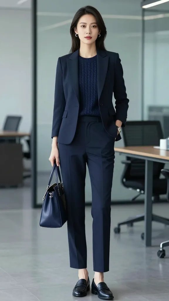 A high-resolution, editorial-style outfit image of a poised female executive in a sophisticated corporate setting. She wears a navy blazer paired with navy straight-leg trousers and a cable-knit navy sweater tucked into the waistband for a clean line. The look is elevated with leather loafers and subtle accessories: a silver watch and small silver hoop earrings, with accents in lighter and darker navy tones in a coordinating handbag or belt to break the monotony. Lighting is soft and professional, emphasizing textures: the smooth blazer, the rich wool of the knit, and the sheen of the loafers. The background is a sleek, modern office environment with glass and muted blue-gray tones, suggesting executive briefings or client calls. The overall mood is confident, polished, and monochrome navy elegance. No text on the image.