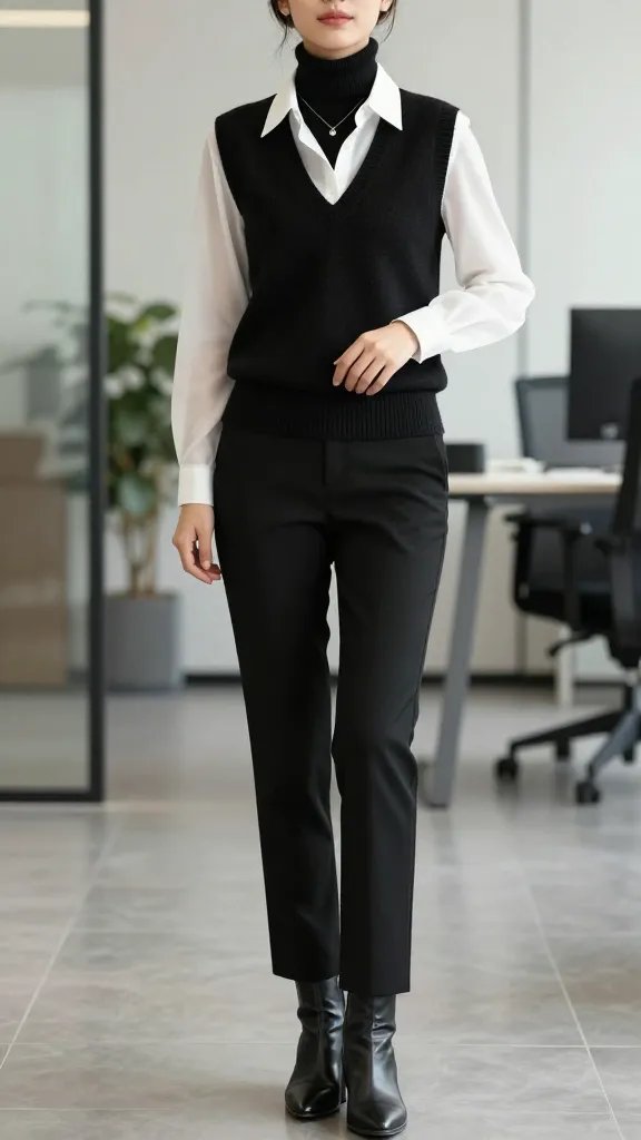 A high-resolution, editorial-style image of a confident female professional standing in a modern corporate office setting with soft, natural lighting. She wears a black knit turtleneck layered under a white sheer blouse, the sheer layer subtly revealing a hint of skin at the neckline and cuffs while remaining professional. The blouse is buttoned low enough to show a delicate thin pendant necklace peeking through. She pairs this with black tailored pants and sleek black ankle boots with a clean silhouette. The look is crisp and structured with the knit maintaining a sharp, streamlined silhouette. Pose: poised and slightly turned to the side, one hand resting at her waist and the other relaxed by her side, exuding authority and poise. Background should feature neutral office elements&mdash;glass partition, minimalist desk, and soft focus plants&mdash;to emphasize a modern corporate vibe. No text on the image.