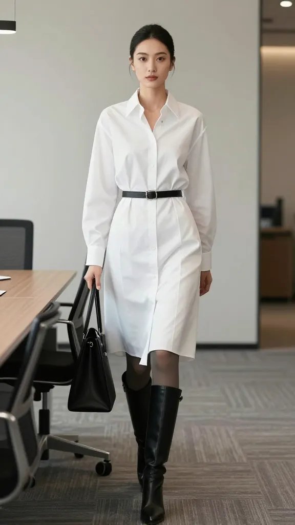 Create a high-quality, realistic fashion editorial image of a female corporate professional styled for an office setting. The subject wears an oversized white shirt dress cinched at the natural waist with a sleek black leather belt, paired with black knee-high boots and a minimalist tote. If the dress is long, include neutral-toned tights to elongate the legs. The look is finished with a polished sleek bun. Shoot in a modern office environment with clean lines, soft, natural lighting, and a subtly textured neutral backdrop. Pose the subject standing or mid-walk in a confident, poised stance near a conference table or office corridor, exuding a poised, ambitious attitude suitable for a big meeting or team offsite. The overall vibe is chic, effortless, and empowering, with attention to crisp tailoring, balanced proportions, and a refined color palette of white, black, and nude tones. No text on the image.