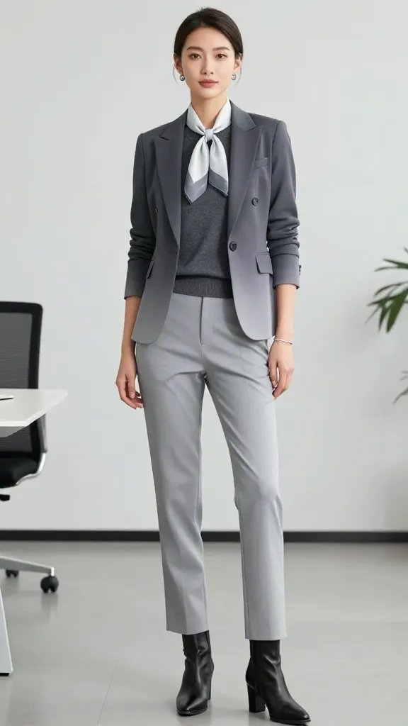 A polished, high-fashion editorial portrait of a confident professional woman in a gradient grey tailoring look: a crisp charcoal lightweight sweater layered under a tailored grey blazer, paired with light grey trousers, and black heeled ankle boots. The outfit exudes editorial sophistication with clean, pressed lines and a subtle gradient from charcoal to light grey. Accessorize with minimal metallic jewelry (a slim silver bracelet and small hoop earrings) and a white silk scarf tucked lightly at the neck or draped to add luxury without overpowering the grey palette. The setting is a modern, bright corporate environment with soft, diffused lighting that enhances the gradient tones. The main subject stands with poised posture, one hand resting near the lapel, the other lightly holding the scarf, exuding leadership and composure suitable for leadership meetings and strategy sessions. No text on the image.