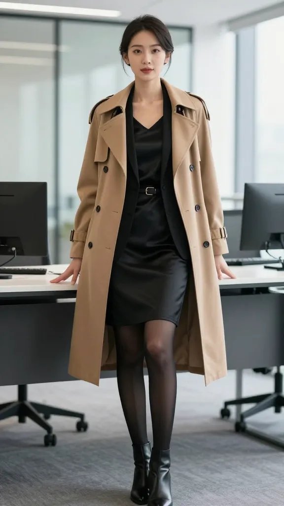 A polished office-ready scene featuring a confident female professional posed in a bright, modern corporate environment. She stands near a glass-writings central desk with a soft, neutral-toned backdrop and ample natural light. She wears a camel trench coat draped over her shoulders, a black satin slip dress layered underneath (or worn alone if appropriate), black opaque tights, and sleek black ankle boots. A structured black blazer is worn over the dress to add contrast and structure. Accessories include a simple black belt cinching the waist and minimal jewelry. The textures vary: woolly camel trench, smooth satin slip dress, matte tights, and glossy leather boots to create depth. The overall color palette is camel, black, and rich, understated tones. The subject has a poised, confident expression, immaculate hair, and subtle makeup. The shot is a high-resolution, studio-quality photograph with shallow depth of field to softly blur the background while keeping the subject crisp, 3/4 view, natural daylight, and no text or overlays on the image.