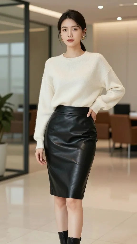 A stylish, modern office setting with a confident female executive as the main subject, captured in a high-resolution, realism-style photograph. She stands in a bright, polished corporate lobby with glass walls and warm ambient lighting. She wears a black leatherette pencil skirt that hugs the hips, a cream cashmere sweater tucked neatly into the waistband with a relaxed fit, and black pointed-toe boots. Accessories include gold hoop earrings and a sleek, low ponytail for a streamlined silhouette. The texture contrast between the glossy leatherette and the soft knit should be tangible, with subtle reflections on the skirt and a gentle sheen on the sweater. Pose her with one hand resting lightly on her hip and the other slightly adjusting the sweater, conveying confidence and approachability. The overall mood is edgy-meets-polished, suitable for creative departments or fashion-forward teams, with minimal jewelry and no visible text in the image.