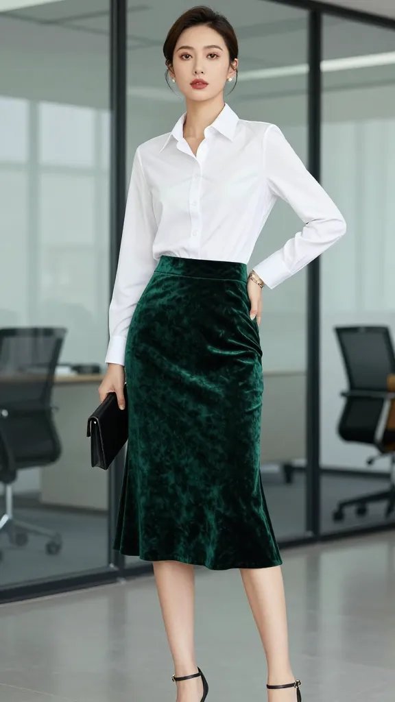 A high-resolution, studio-lit fashion editorial portrait of a confident professional woman standing in a sleek modern office setting with glass walls and soft natural light. She wears a crisp white button-up shirt tucked into an emerald velvet midi skirt, the skirt flowing just below the knee. She pairs this with black heeled sandals and a delicate chain bracelet on one wrist. The shirt is impeccably ironed, cuffs neatly fastened, with the top button open for a subtle, relaxed elegance. Minimalist clutch in a complementary shade sits at her side or tucked under her arm. The look exudes corporate chic with a hint of drama; the velvet texture catches the light, creating a rich, luxurious sheen visible in the pose. Pose is poised and confident, perhaps with one hand lightly adjusting the shirt placket or resting at her hip, and the other hand holding a small clutch. Clean, polished makeup and sleek hair complete the image. No text or logos on the image.
