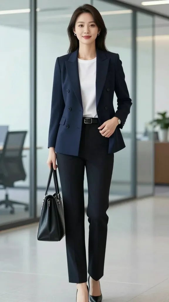 A high-resolution, cinematic office portrait of a confident professional woman wearing a double-breasted navy blazer tailored to perfection, paired with black straight-leg trousers and a white crew-neck tee tucked in for a relaxed, business-casual vibe. She stands in a modern corporate setting with glass partitions and soft natural light, one hand resting on a minimalist black belt while the other holds a sleek, structured black bag. The blazer is open, one bottom button intentionally undone, exuding effortless polish. Subtle accessories: simple stud earrings, a slim watch, and black pumps to complete the look. The composition emphasizes crisp lines, clean silhouettes, and a poised, executive presence suitable for executive briefings and daily office life. No text on image.