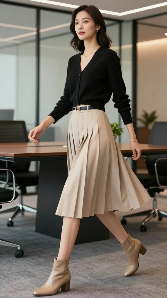 Create a high-resolution, fashion-forward editorial image of a confident corporate woman in a sleek office setting. The subject stands mid-stride in a dynamic pose to emphasize movement, wearing a black cropped knit that ends just above the waist paired with a beige pleated midi skirt that sways with her step. She wears tan ankle boots with a subtle shine and a slim statement belt with a delicate, reflective buckle to catch light as she moves. The cardigan should be open to accentuate the waistline, or cropped slightly to emphasize shape, while a minimalist bracelet adds a touch of understated shine. The backdrop is a modern, well-lit conference or creative brainstorming space with glass walls, a polished wooden table, and subtle office greenery. The overall color palette is neutral and sophisticated&mdash;black, beige, tan, and soft metallic accents. The subject exudes poise and motion, with natural makeup, soft lighting that highlights texture and fabric movement, and a pristine, professional aura appropriate for boardroom energy and hybrid meeting vibes. No text on the image.