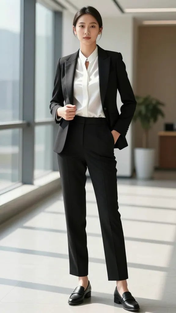 A high-resolution, editorial fashion photograph of a confident female executive standing in a modern corporate hallway with natural light streaming through large windows. She wears black tailored trousers, a white satin blouse tucked neatly, and a black tuxedo blazer with a sharp, structured silhouette. Pair with black loafers and a slim, understated necktie or minimal jewelry; the blouse has a subtle light sheen to catch the light. Hair is impeccably groomed in a sleek, polished style. Pose: one hand in pocket, the other lightly adjusting the blazer, displaying poised, ready-for-promotion attitude. Lighting is crisp and directional to emphasize clean lines and sharp tailoring, with a shallow depth of field keeping the figure in sharp focus while softly blurring the corporate backdrop. No text on the image.
