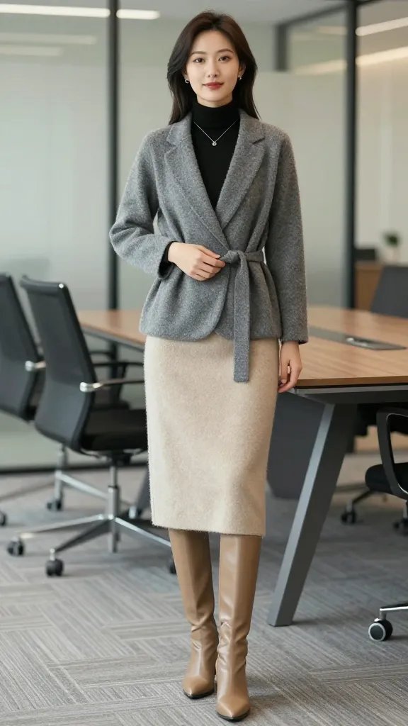 A high-resolution, full-body editorial photo of a confident female professional in a modern office setting. She wears a beige knit midi skirt with a soft, tactile texture paired with a grey structured cardigan, belted at the waist for a tailored silhouette. Underneath, she has a black turtleneck and tan knee-high boots with a sleek heel. Layered under a sharp blazer to elevate formality for a client workshop, the look exudes warmth and structure. Accessories are minimal&mdash;a delicate pendant necklace adds subtle sparkle. The lighting is soft and natural, with a neutral-toned corporate office backdrop (glass walls, clean lines, and a conference table) that enhances the cozy yet polished vibe. The subject stands with one hand lightly adjusting the cardigan belt, a poised, approachable expression, no visible text or logos in the frame.