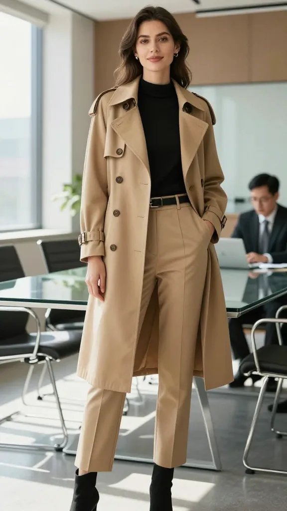A polished, high-resolution fashion editorial portrait set in a bright, modern office environment. The main subject, a confident professional woman, stands near a glass conference table with soft natural light streaming through large windows. She wears a sand-toned ensemble: a camel tailored trench that fits cleanly at the shoulders and waist, a sand tailored trouser, and a black mock-neck top. Accessories are minimal to maintain soothing tones, with a slim black belt cinching the trench and black ankle boots grounding the look. The pose exudes calm authority&mdash;one hand lightly adjusting the trench lapel, the other relaxed at her side&mdash;shoulders squared, subtle smile, direct eye contact with the camera. The background features neutral-toned office decor with clean lines, a hint of greenery, and a conference setup to convey day-long meetings and mentorship moments. The overall styling emphasizes a chic, corporate-baddie vibe: sophisticated, approachable, and ready for client intros, with a focus on texture and light balance to keep the sand tones from washing out. No text on the image.