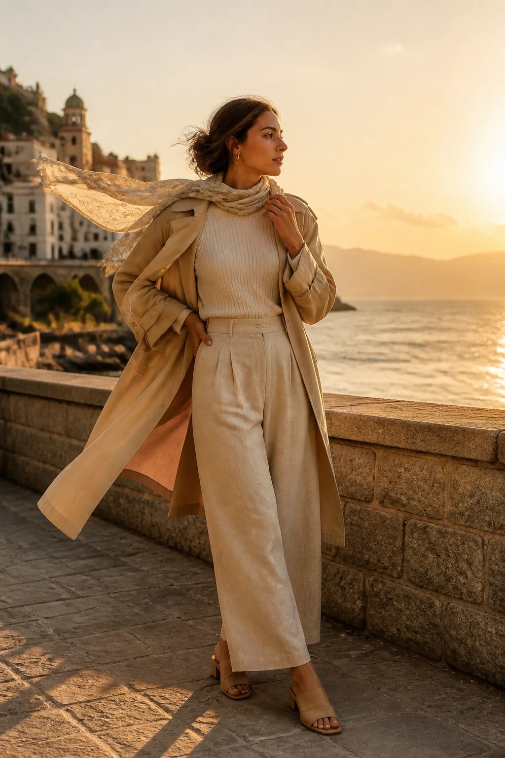 Create a high-resolution, editorial-style image of a solo female traveler posing at golden hour along a seaside promenade with a soft, warm glow. The main subject stands center-left, wearing a medium-weight beige trench coat left casually draped but open, revealing a cream ribbed knit sweater tucked into high-waisted wide-leg linen trousers in sand. She wears tan low-heeled mules and delicate gold hoop earrings, with a lightweight scarf fluttering gently in the breeze to add motion. The sweater is neatly tucked into the trousers for a clean silhouette while the trench hangs loose for drama. She gazes toward the horizon where the city skyline or distant sea reflects the sunset, with one hand lightly holding the scarf and the other resting near her hip. The composition emphasizes movement, soft shadows, and a postcard-worthy golden-hour palette—creamy neutrals, warm beiges, and sunlit skin tones. No text on the image.